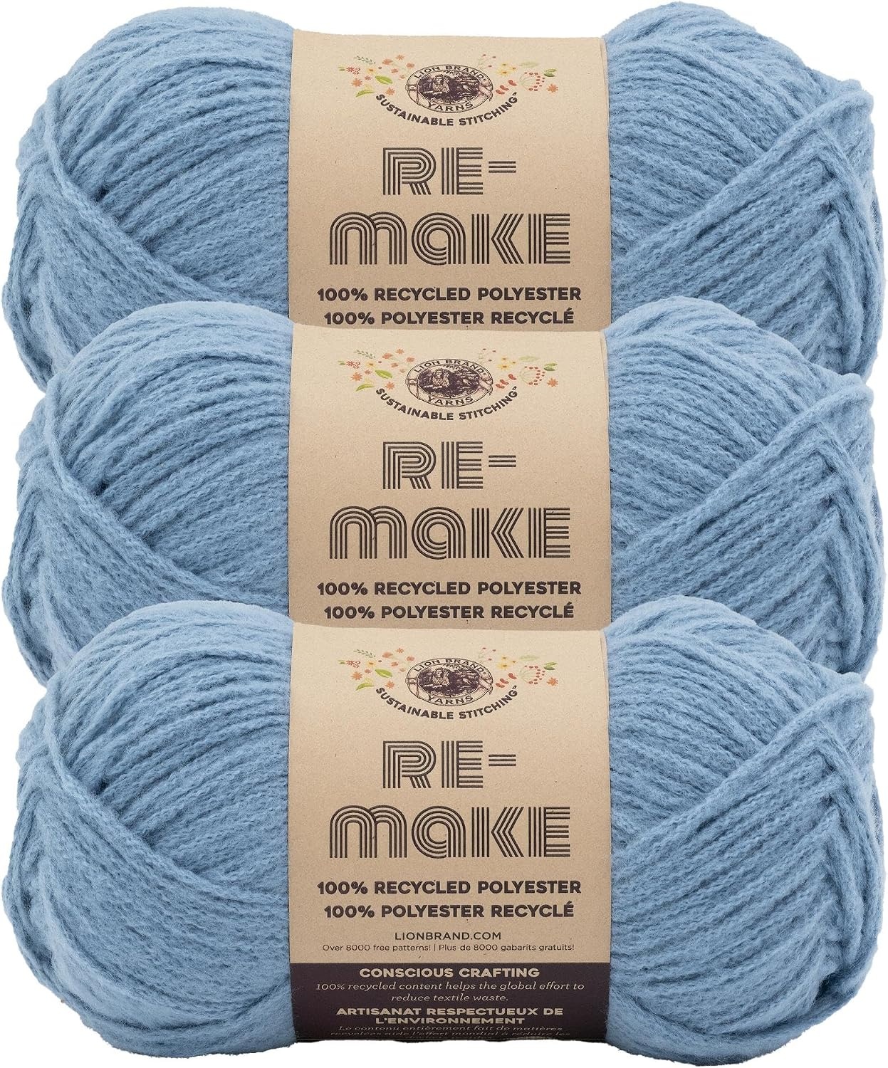 image:imageLion Brand ReMake Yarn Recycled Polyester Yarn for Knitting and Crochet Dusty Lilac 3 PackAzure Blue