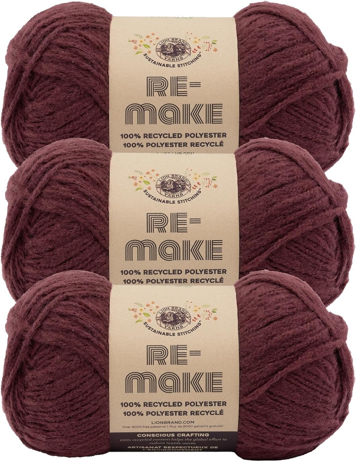 image:imageLion Brand ReMake Yarn Recycled Polyester Yarn for Knitting and Crochet Dusty Lilac 3 PackBurgundy