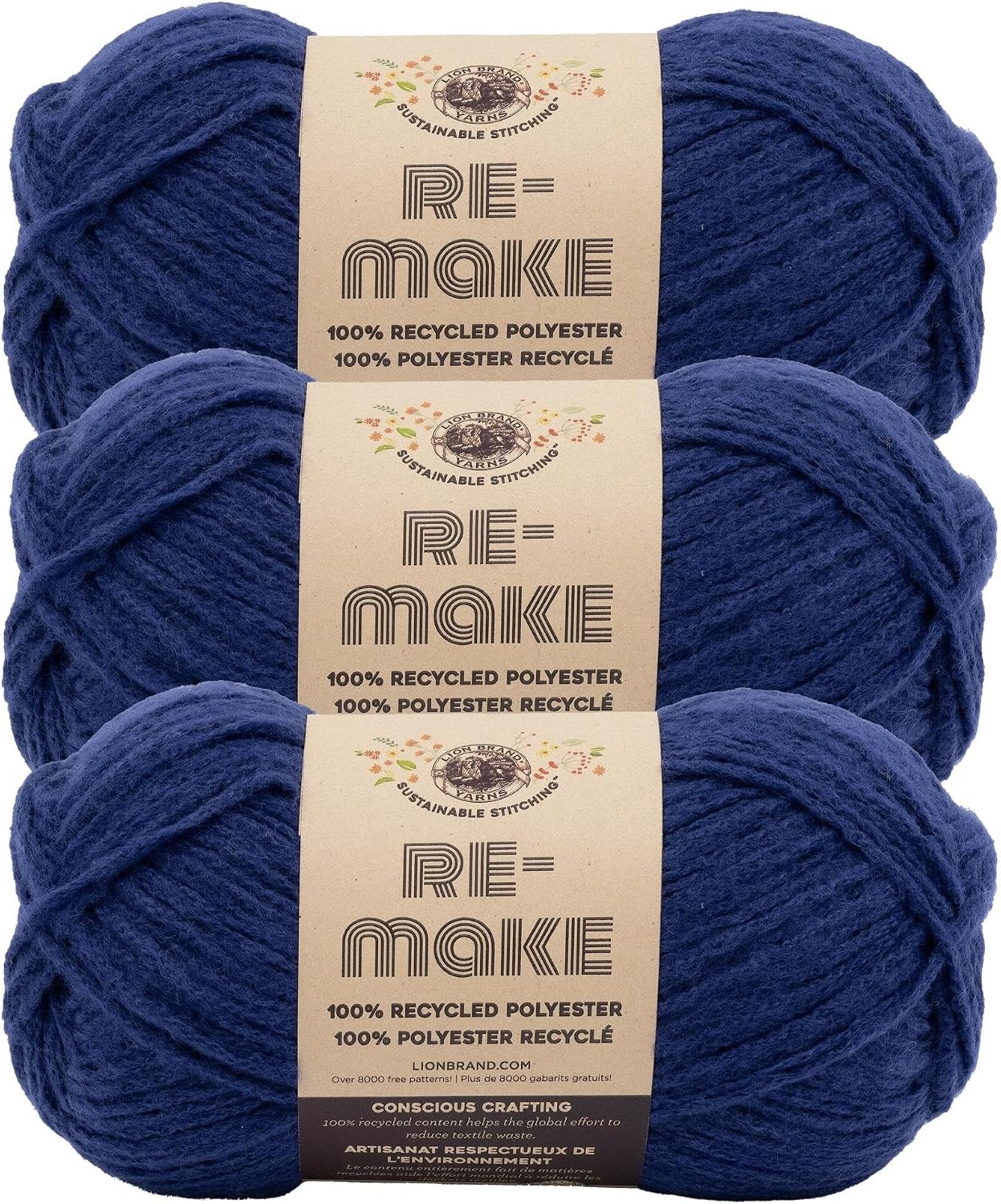 image:imageLion Brand ReMake Yarn Recycled Polyester Yarn for Knitting and Crochet Dusty Lilac 3 PackClassic Navy