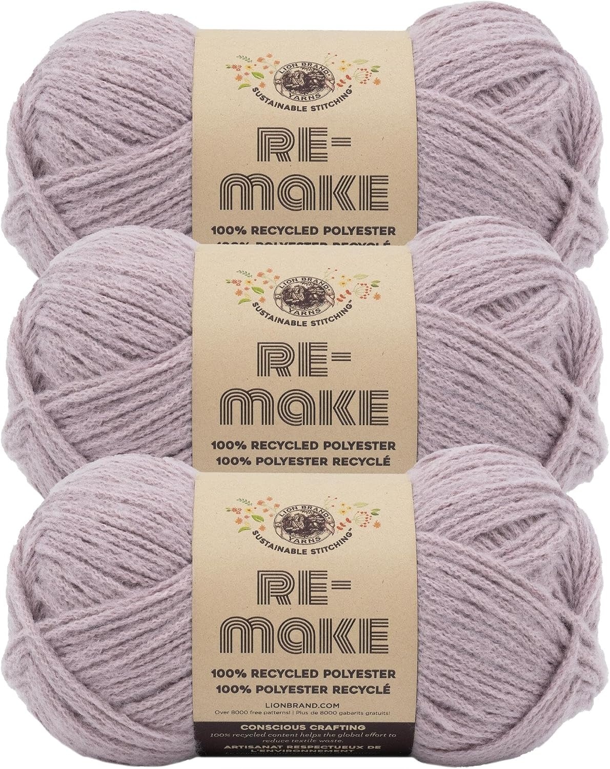 image:imageLion Brand ReMake Yarn Recycled Polyester Yarn for Knitting and Crochet Dusty Lilac 3 PackDusty Lilac