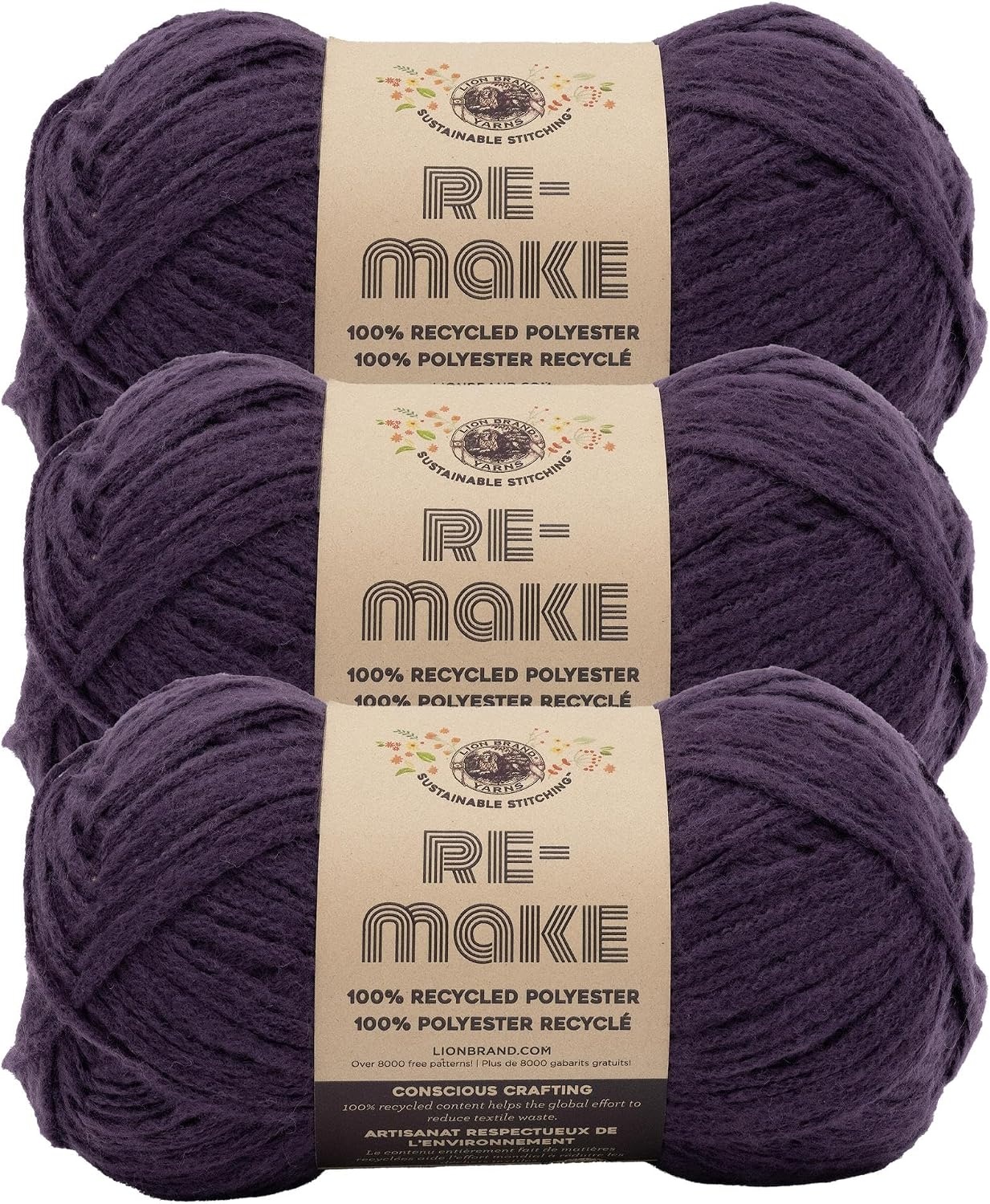 image:imageLion Brand ReMake Yarn Recycled Polyester Yarn for Knitting and Crochet Dusty Lilac 3 PackEggplant