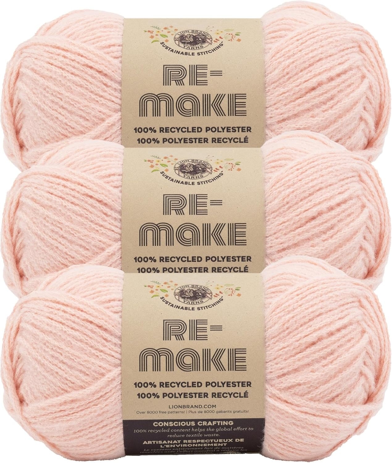 image:imageLion Brand ReMake Yarn Recycled Polyester Yarn for Knitting and Crochet Dusty Lilac 3 PackPale Pink