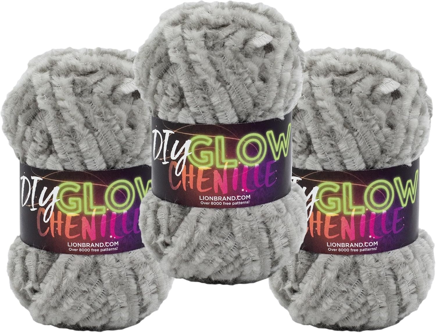 image:imageLion Brand Yarn DIY Glow Chenille Bulky Yarn Pearl 3 PackGrey