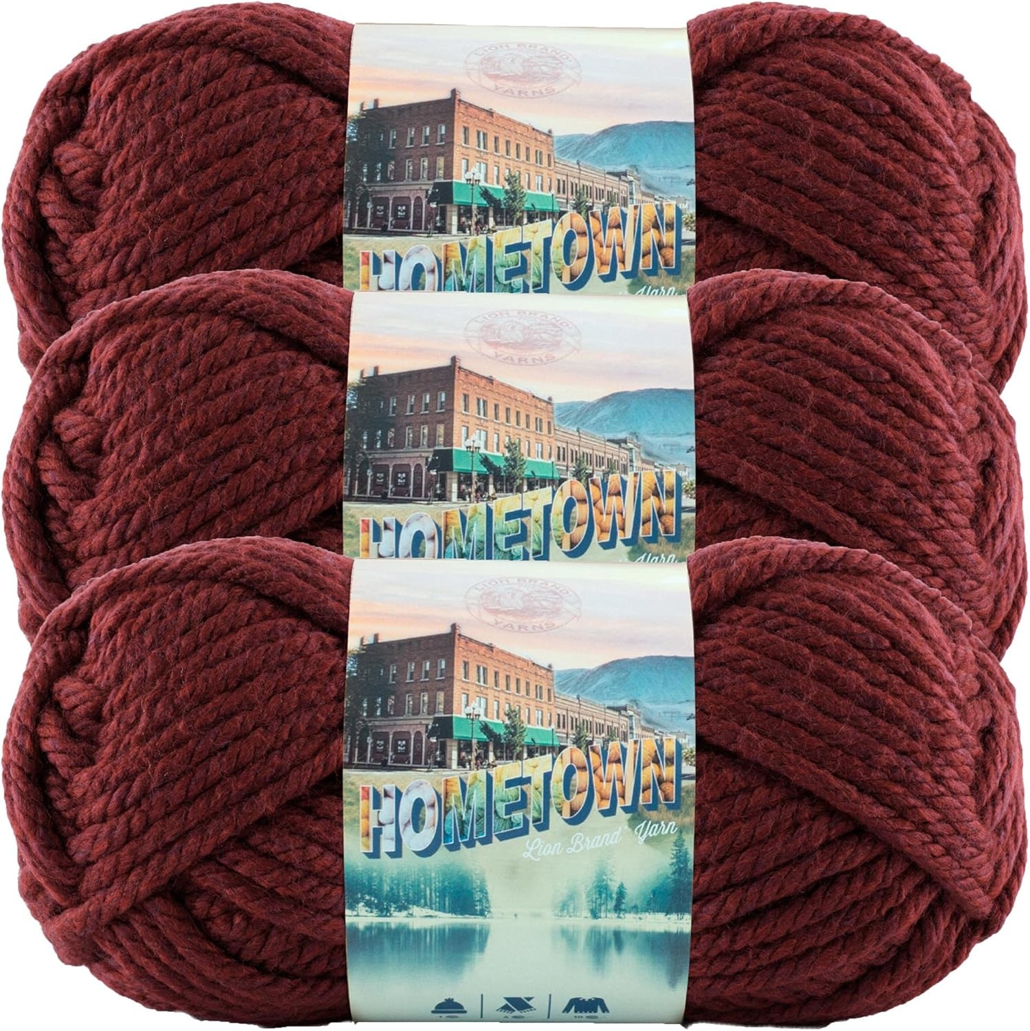 image:imageLion Brand Yarn Hometown Yarn SuperBulky Yarn for Knitting Crocheting and Crafting 1 Pack Cambridge Tweed Super Bulky Acrylic Fiber for Warm Crochet Blankets Knit Winter Hats Chunky Cardigans Soft Scarves WeavingNapa Valley Pinot