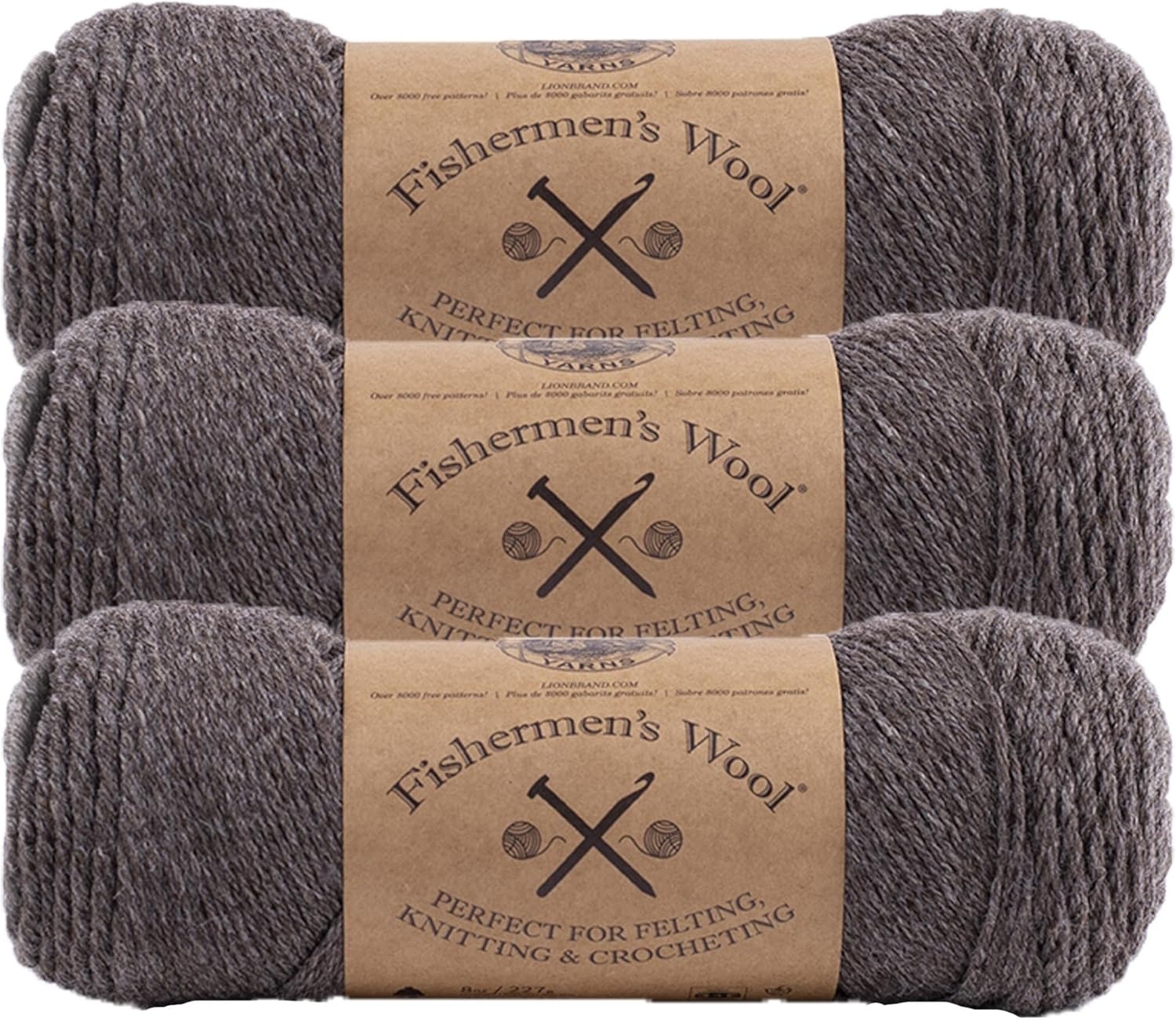 image:imageLion Brand Yarn MediumWeight Fishermens Wool Yarn for Knitting Crocheting and Crafts Oatmeal 3 PackBrown Heather