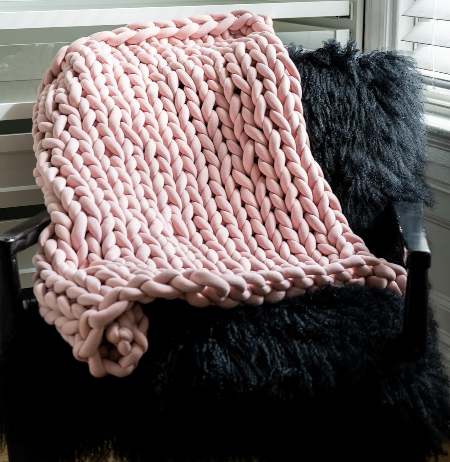image:imageLion Brand Yarn Super Bulky Blanket Cover Story Squish Stitch Yarn for Knitting and Crochet Navy Peony 1 PackCloud White