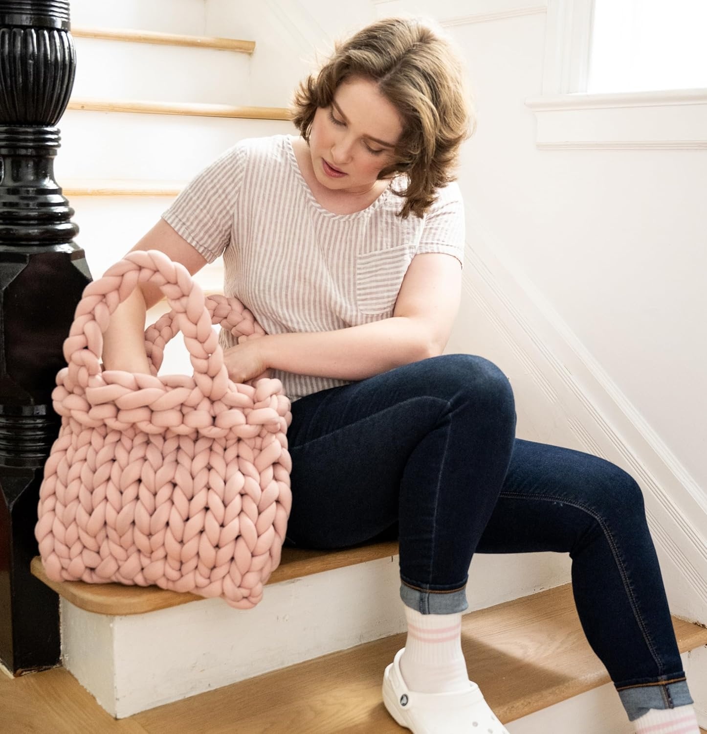 image:imageLion Brand Yarn Super Bulky Blanket Cover Story Squish Stitch Yarn for Knitting and Crochet Navy Peony 1 PackCloud White