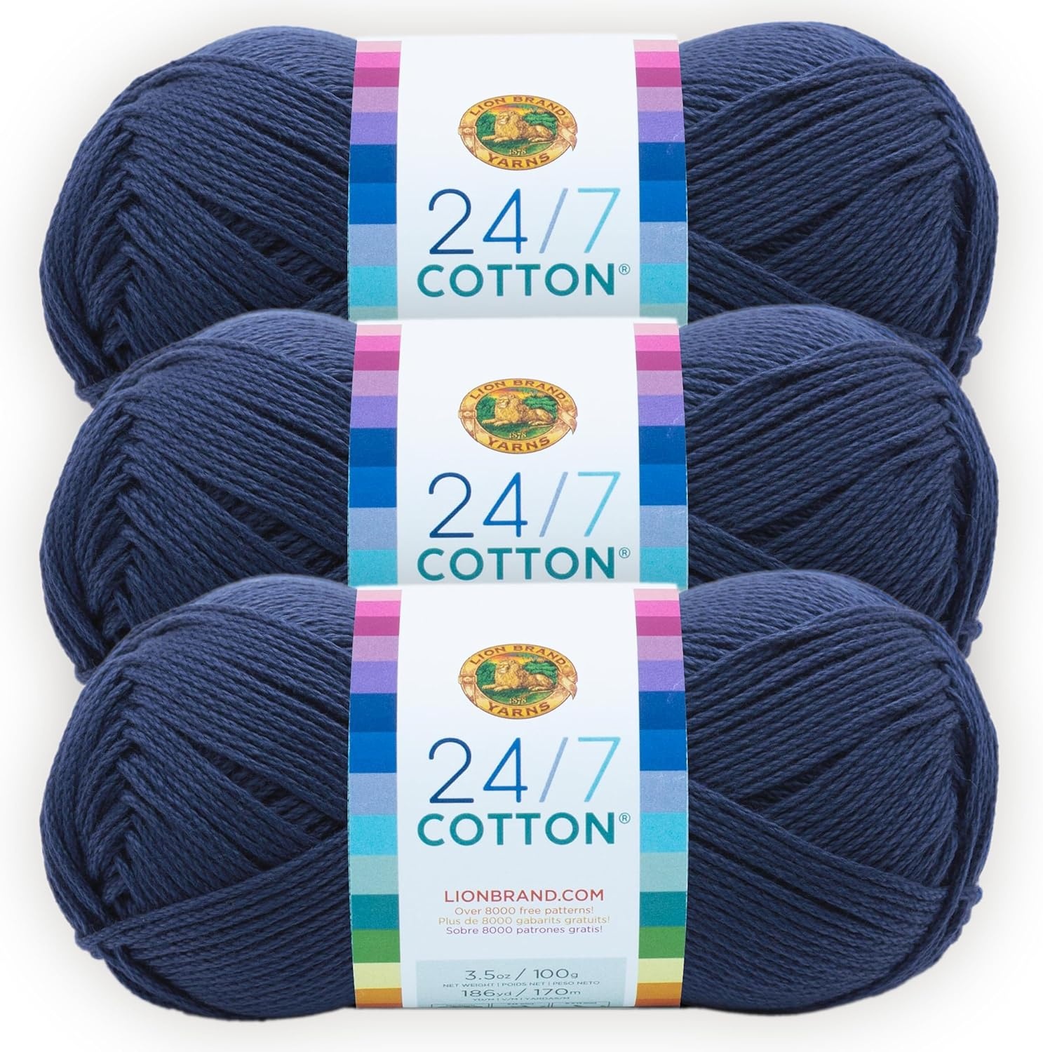 image:imageLion Brand 247 Cotton Yarn Yarn for Knitting Crocheting and Crafts Amber 3 Pack Light Worsted 100 Mercerized Cotton Yarn for Crochet Knitting Craft 185 Yards of Natural Fiber for Tees Bags DishclothsNavy