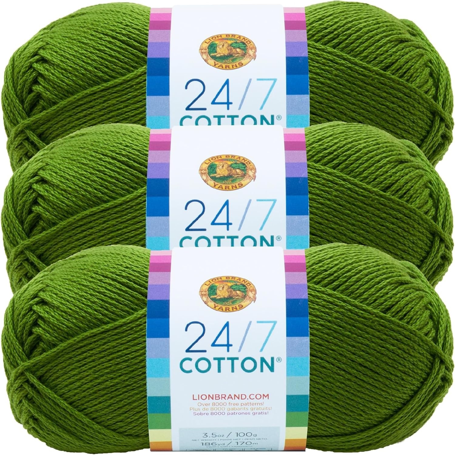 image:imageLion Brand 247 Cotton Yarn Yarn for Knitting Crocheting and Crafts Amber 3 Pack Light Worsted 100 Mercerized Cotton Yarn for Crochet Knitting Craft 185 Yards of Natural Fiber for Tees Bags DishclothsGrass