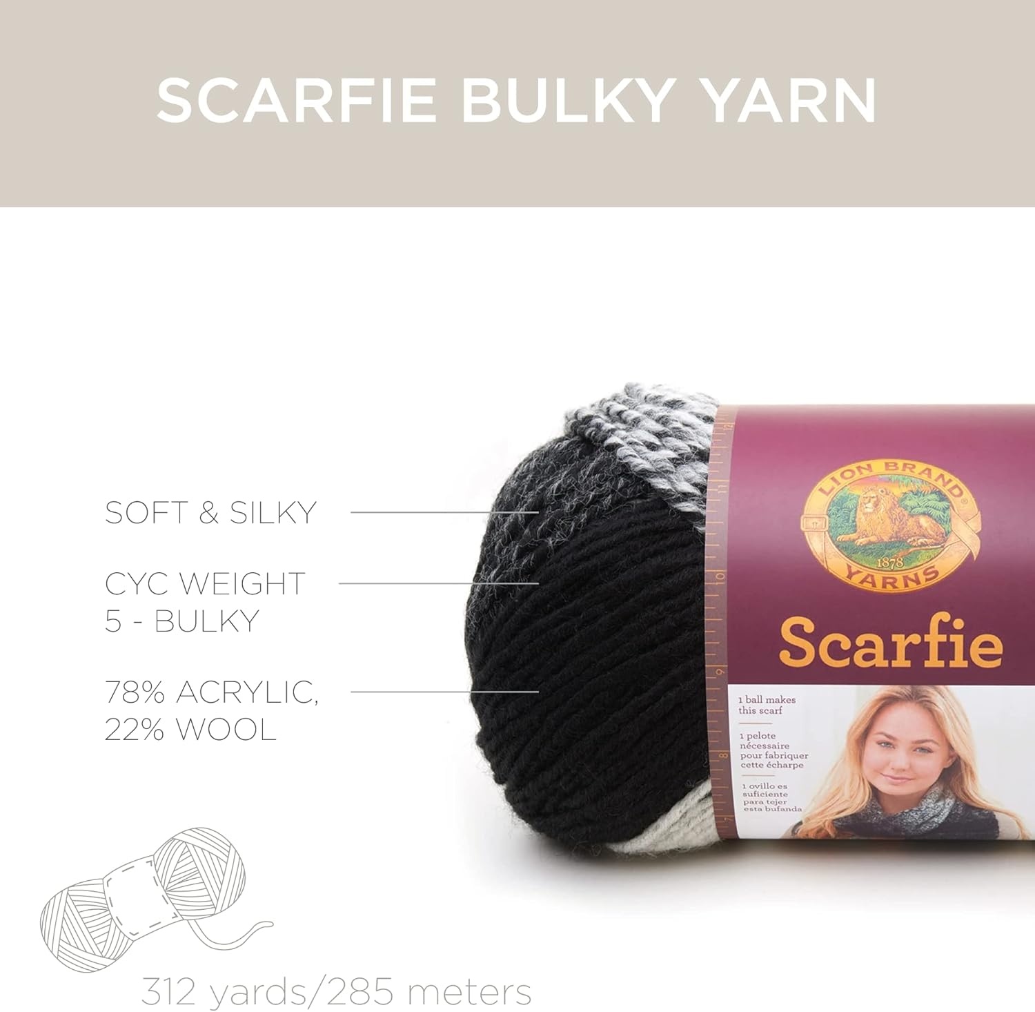 image:imageLion Brand Yarn 1 Skein Scarfie Bulky Yarn PinkSilverCreamBlack