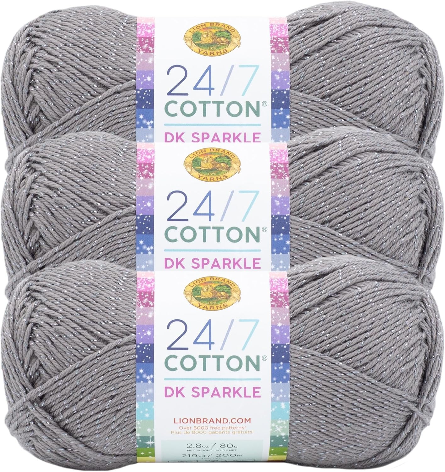 image:imageLion Brand Yarn 247 Cotton DK Crochet Yarn Azul Denim Blue 3 Pack Cotton Yarn for Knitting Crochet Crafts Light Weight Fiber for Bags Blankets Soft Shawls Summer Hats Baby ClothesIron Grey