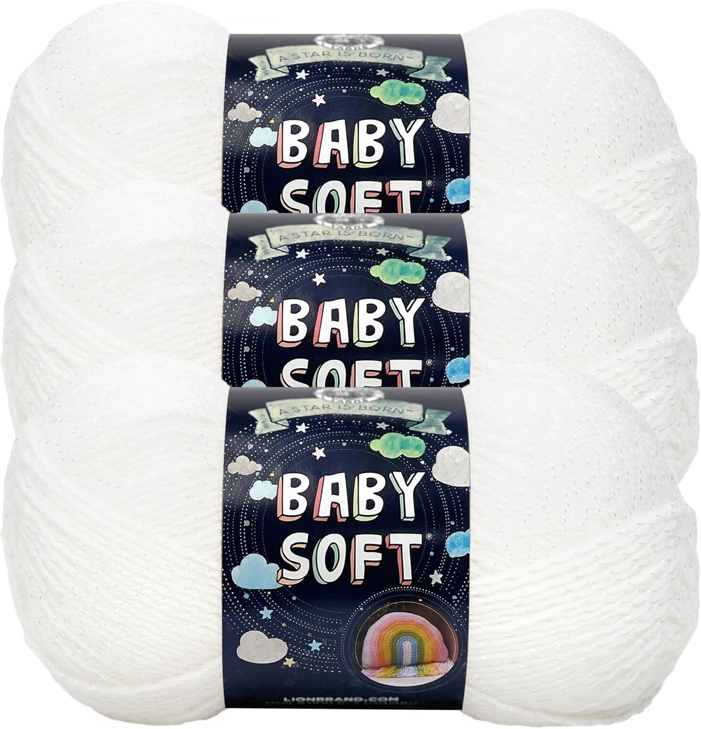 image:imageLion Brand Yarn Baby Soft Crochet Yarn White Pompadour Shiny 1 Pack Light DK Acyrlic Nylon Blend Fiber for Soft Baby Blankets Knit Garments Crochet Hats Machine Washable YarnBaby White Pompadour