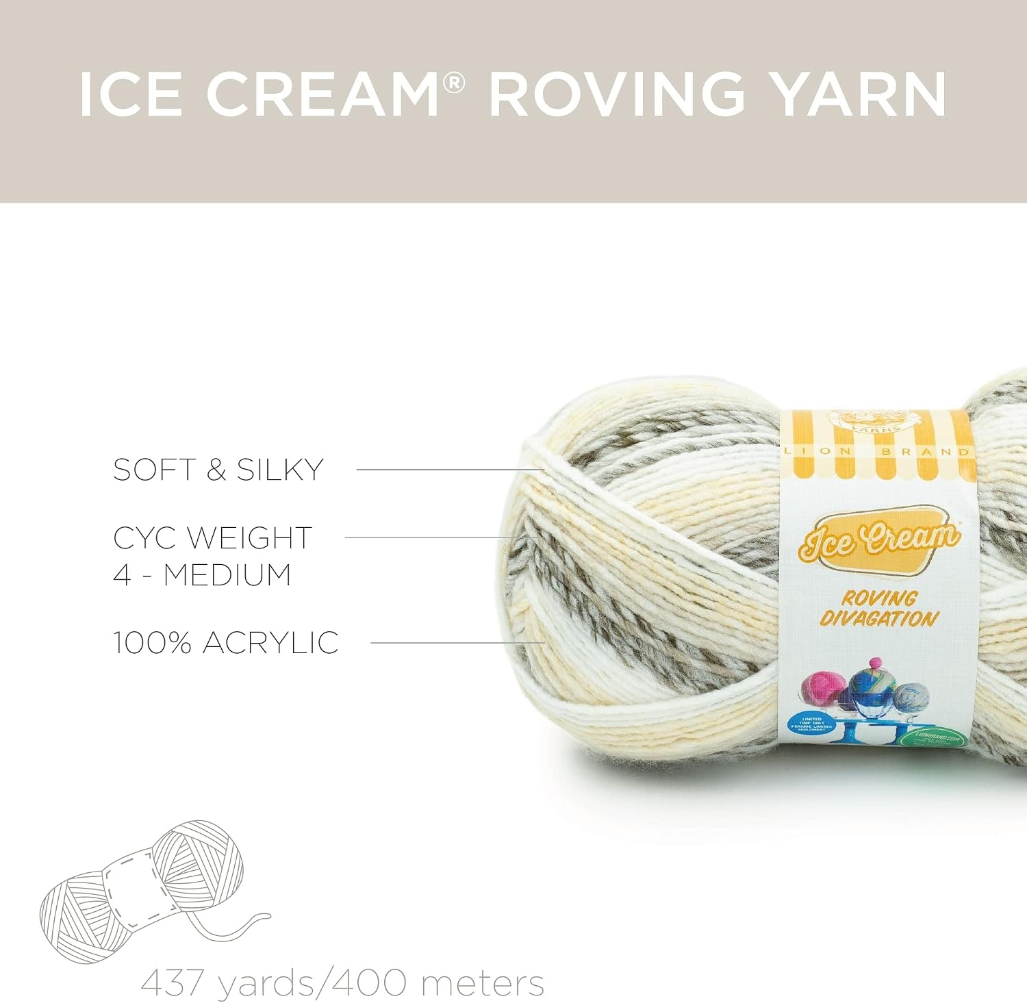 image:imageLion Brand Yarn Ice Cream Roving Stripes Yarn Toasted Marshmallow 1 Count Pack of 1