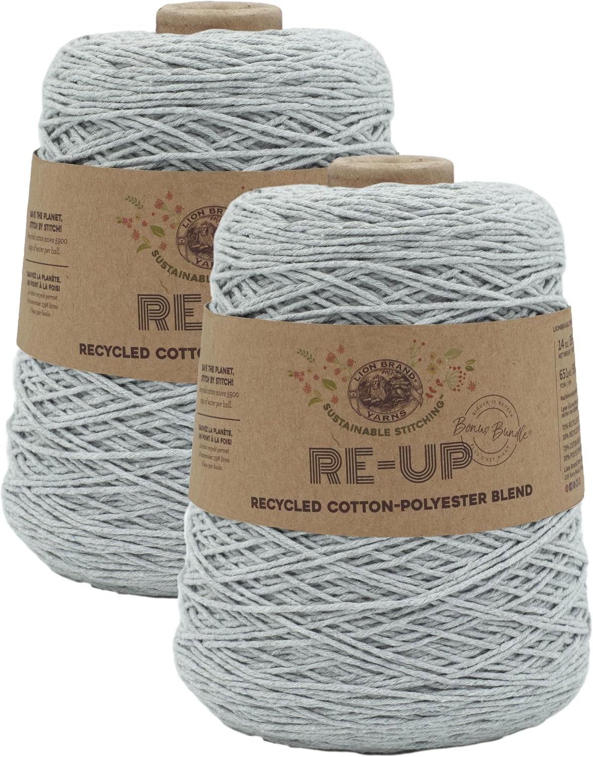 image:imageLion Brand Yarn ReUp Bonus Bundle Yarn for Crocheting amp Knitting Pomegranate 1 Pack Recycled Cotton Polyester Blend Yarn for Knitting Crochet Crafts Worsted Fiber for Bags Kitchen Dishcloths BlanketsSilver Lining