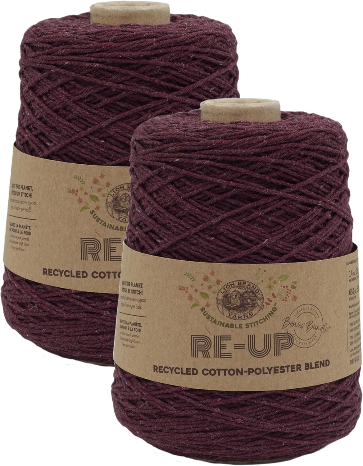image:imageLion Brand Yarn ReUp Bonus Bundle Yarn for Crocheting amp Knitting Pomegranate 1 Pack Recycled Cotton Polyester Blend Yarn for Knitting Crochet Crafts Worsted Fiber for Bags Kitchen Dishcloths BlanketsPomegranate