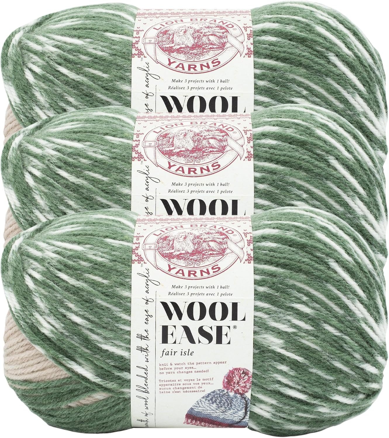 image:imageLion Brand Yarn Wool Ease Fair Isle Yarn for Knitting ThistleOrchid 1 PackBeigeOlive