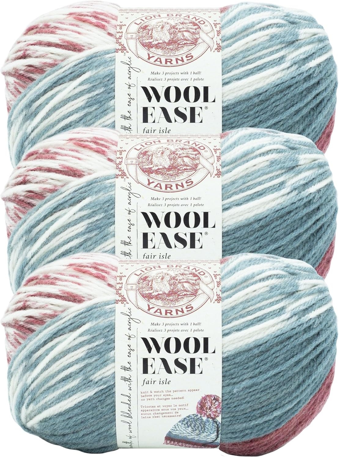 image:imageLion Brand Yarn Wool Ease Fair Isle Yarn for Knitting ThistleOrchid 1 PackMerlotCharcoal
