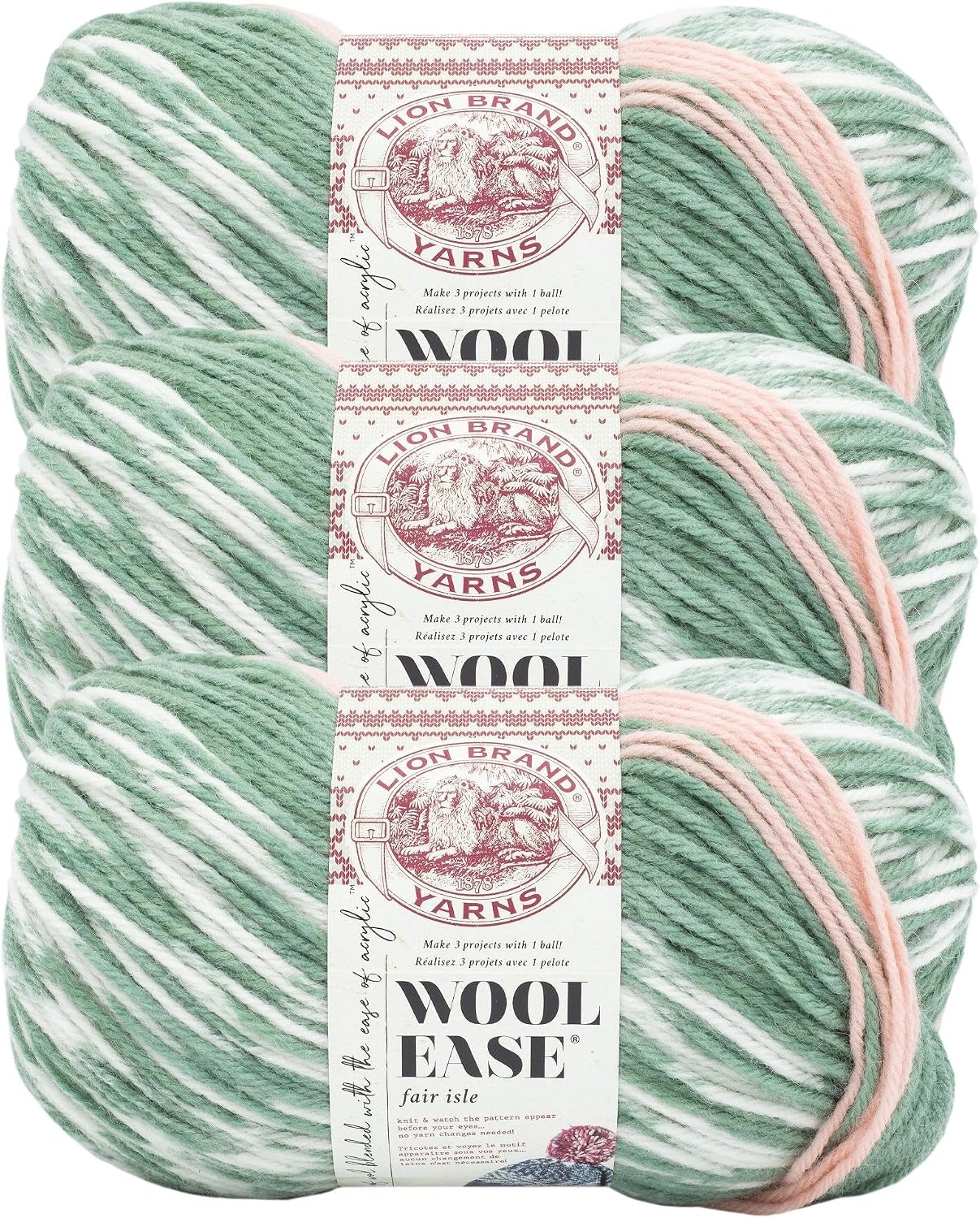 image:imageLion Brand Yarn Wool Ease Fair Isle Yarn for Knitting ThistleOrchid 1 PackSagePink Salt