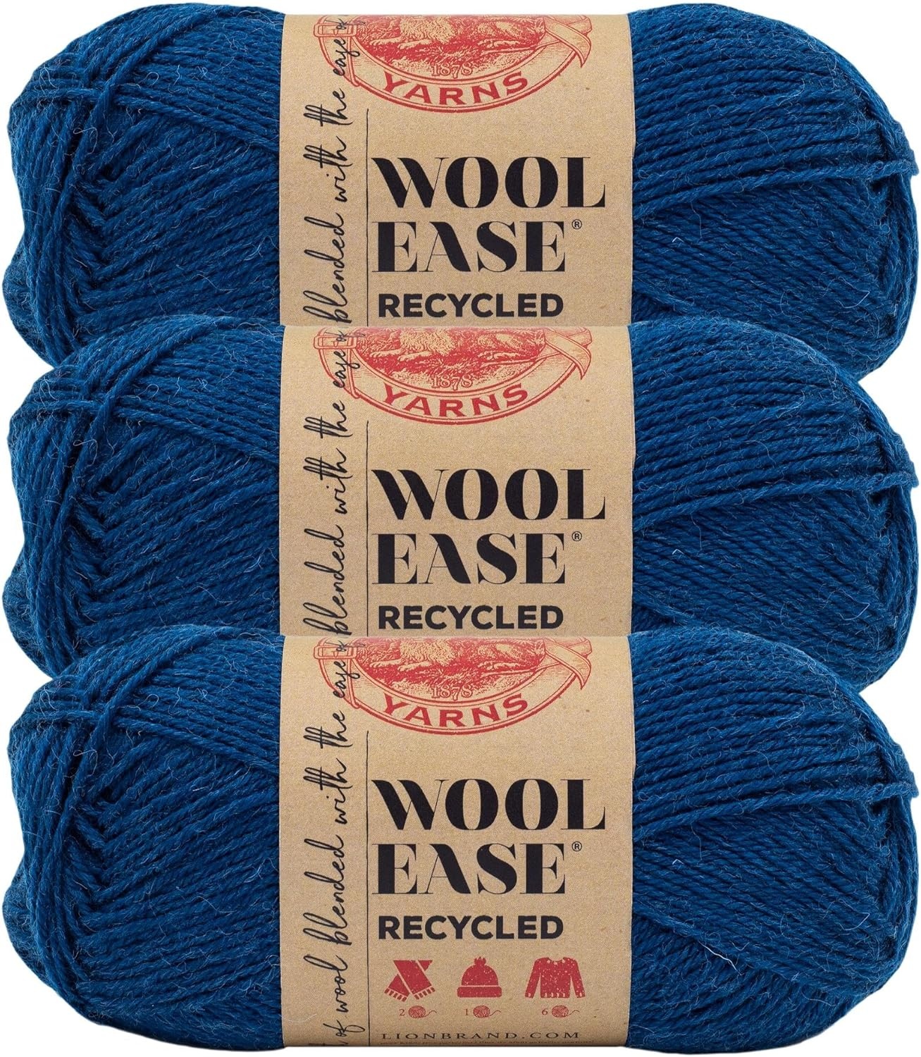 image:imageLion Brand Yarn WoolEase Recycled Light WorstedWeight Yarn for Knitting and Crochet Cream 3 Pack Wool and Acrylic Blend Fiber Perfect for Scarves Hats and Blankets 196 YardsRoyal Blue