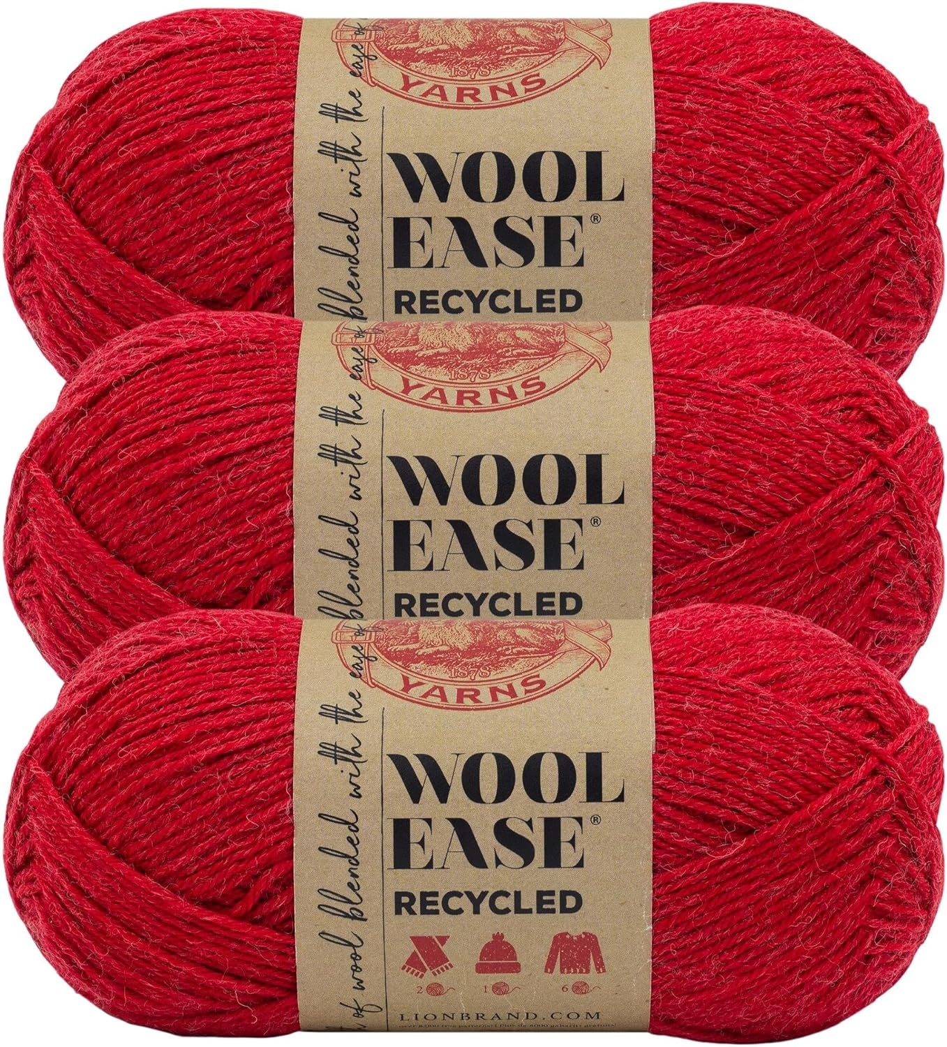 image:imageLion Brand Yarn WoolEase Recycled Light WorstedWeight Yarn for Knitting and Crochet Cream 3 Pack Wool and Acrylic Blend Fiber Perfect for Scarves Hats and Blankets 196 YardsRed