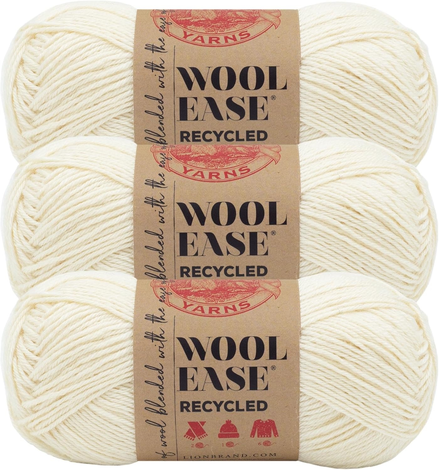 image:imageLion Brand Yarn WoolEase Recycled Light WorstedWeight Yarn for Knitting and Crochet Cream 3 Pack Wool and Acrylic Blend Fiber Perfect for Scarves Hats and Blankets 196 YardsCream