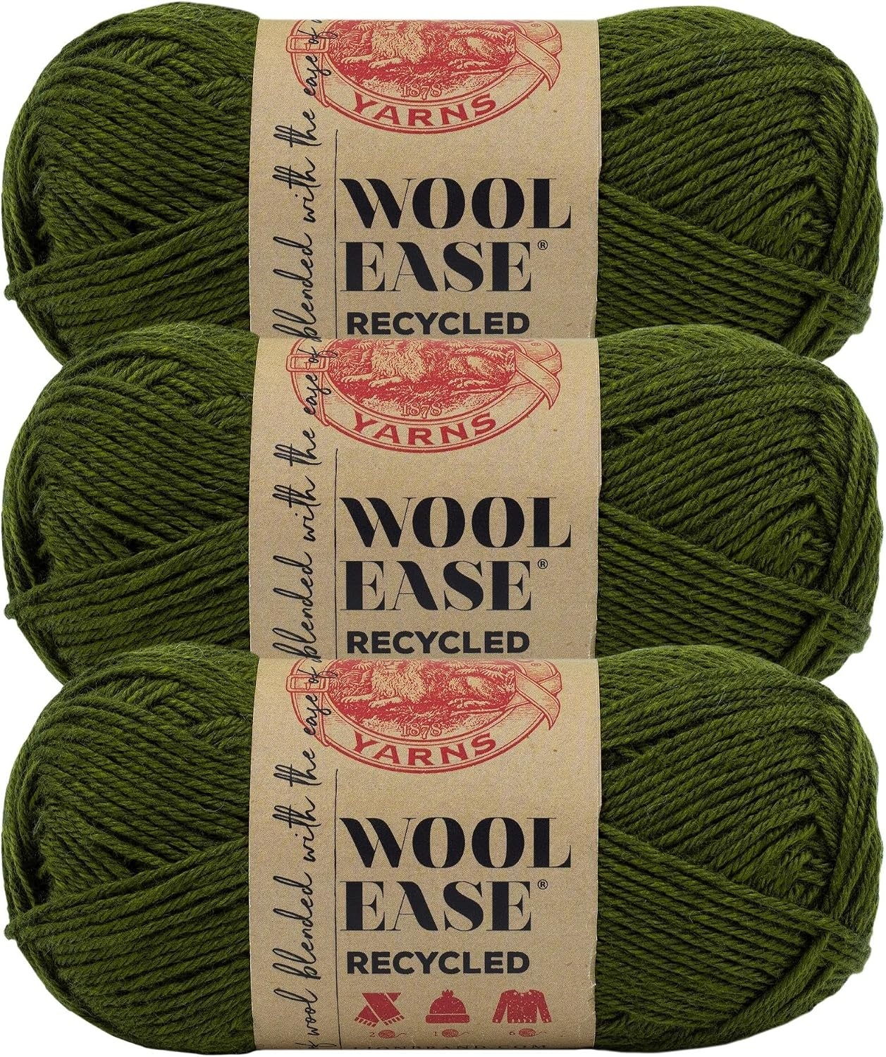 image:imageLion Brand Yarn WoolEase Recycled Light WorstedWeight Yarn for Knitting and Crochet Cream 3 Pack Wool and Acrylic Blend Fiber Perfect for Scarves Hats and Blankets 196 YardsOlive