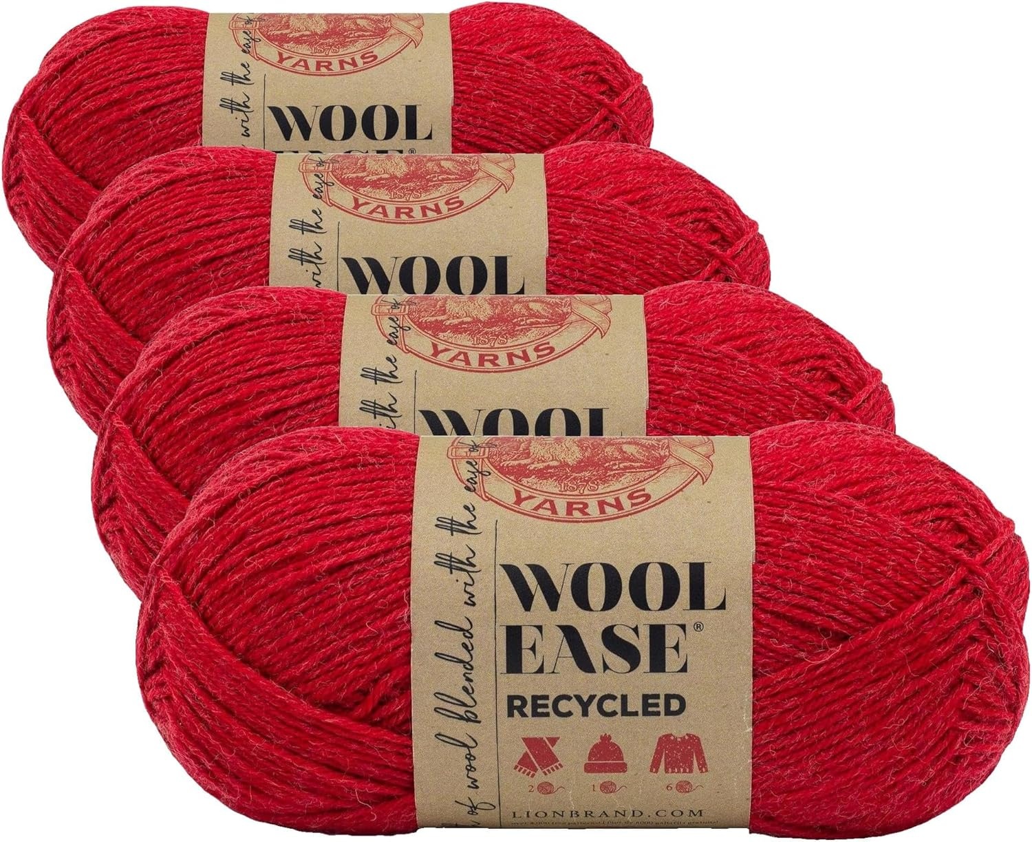 image:imageLion Brand Yarn WoolEase Recycled Light WorstedWeight Yarn for Knitting and Crochet Cream 3 Pack Wool and Acrylic Blend Fiber Perfect for Scarves Hats and Blankets 196 YardsRed