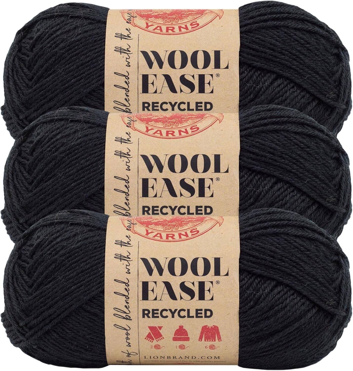 image:imageLion Brand Yarn WoolEase Recycled Light WorstedWeight Yarn for Knitting and Crochet Cream 3 Pack Wool and Acrylic Blend Fiber Perfect for Scarves Hats and Blankets 196 YardsBlack