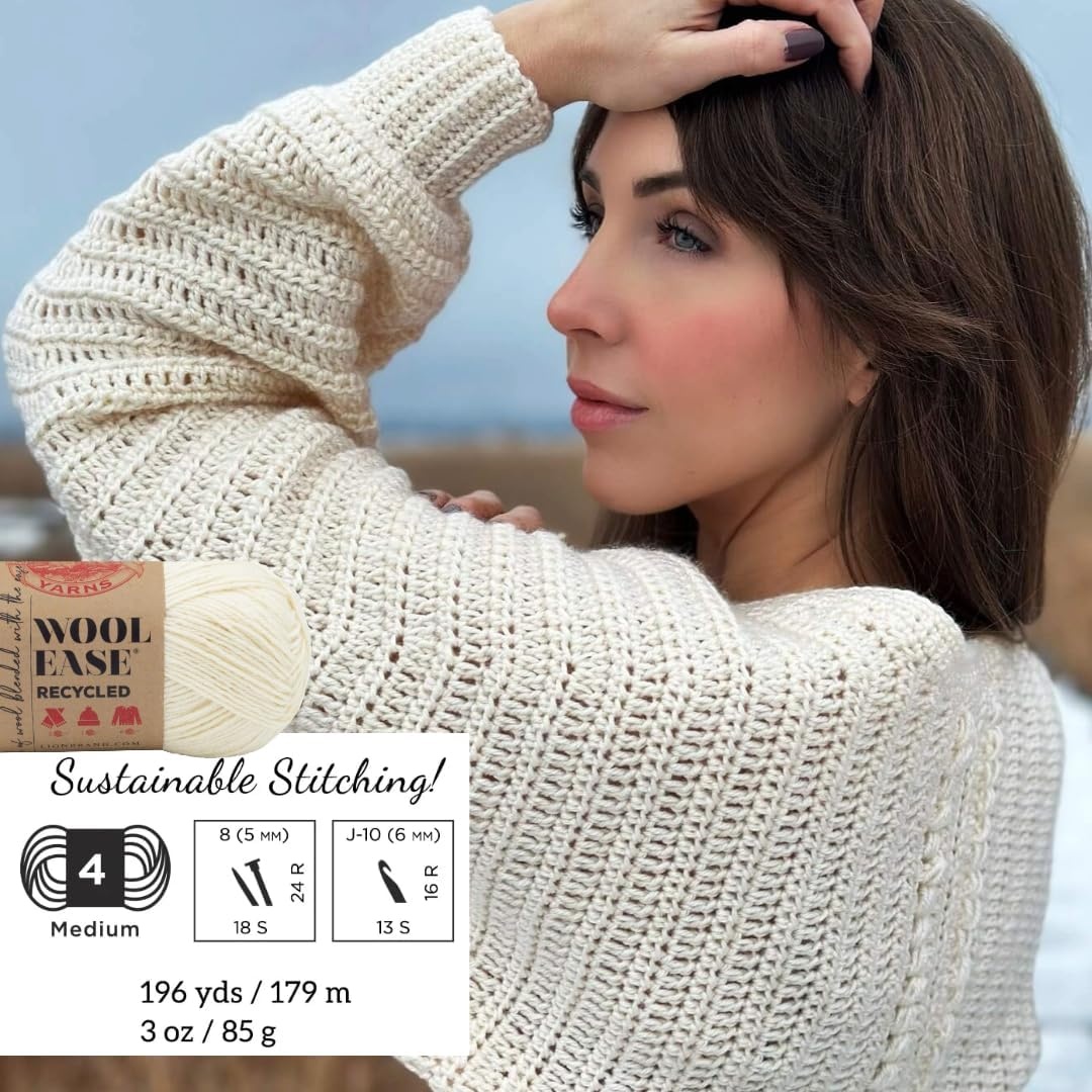 image:imageLion Brand Yarn WoolEase Recycled Light WorstedWeight Yarn for Knitting and Crochet Cream 3 Pack Wool and Acrylic Blend Fiber Perfect for Scarves Hats and Blankets 196 YardsCream