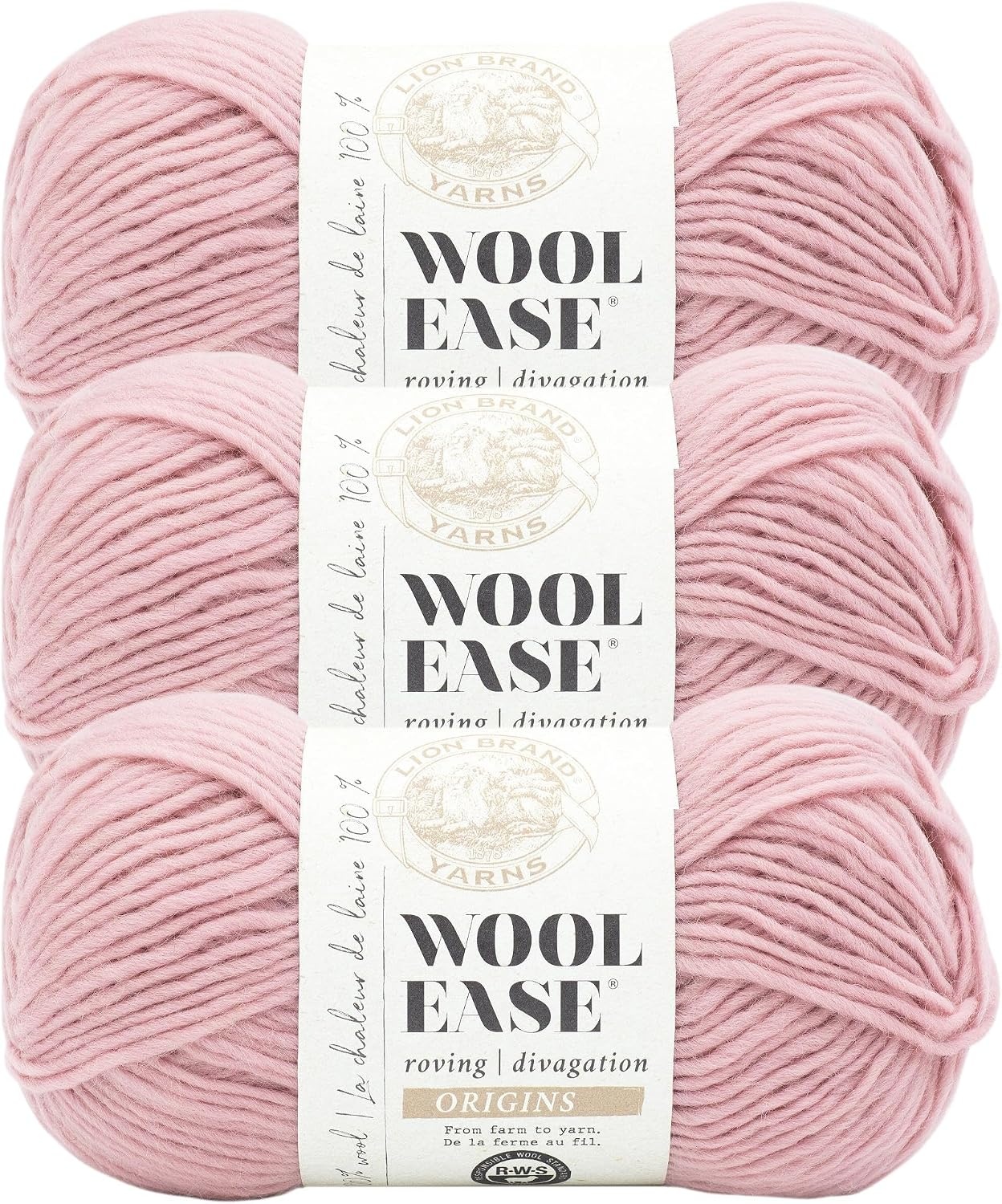 image:imageLion Brand Yarn WoolEase Roving Origins 100 Wool Yarn for Knitting and Crochet Cream 3 PackBlush