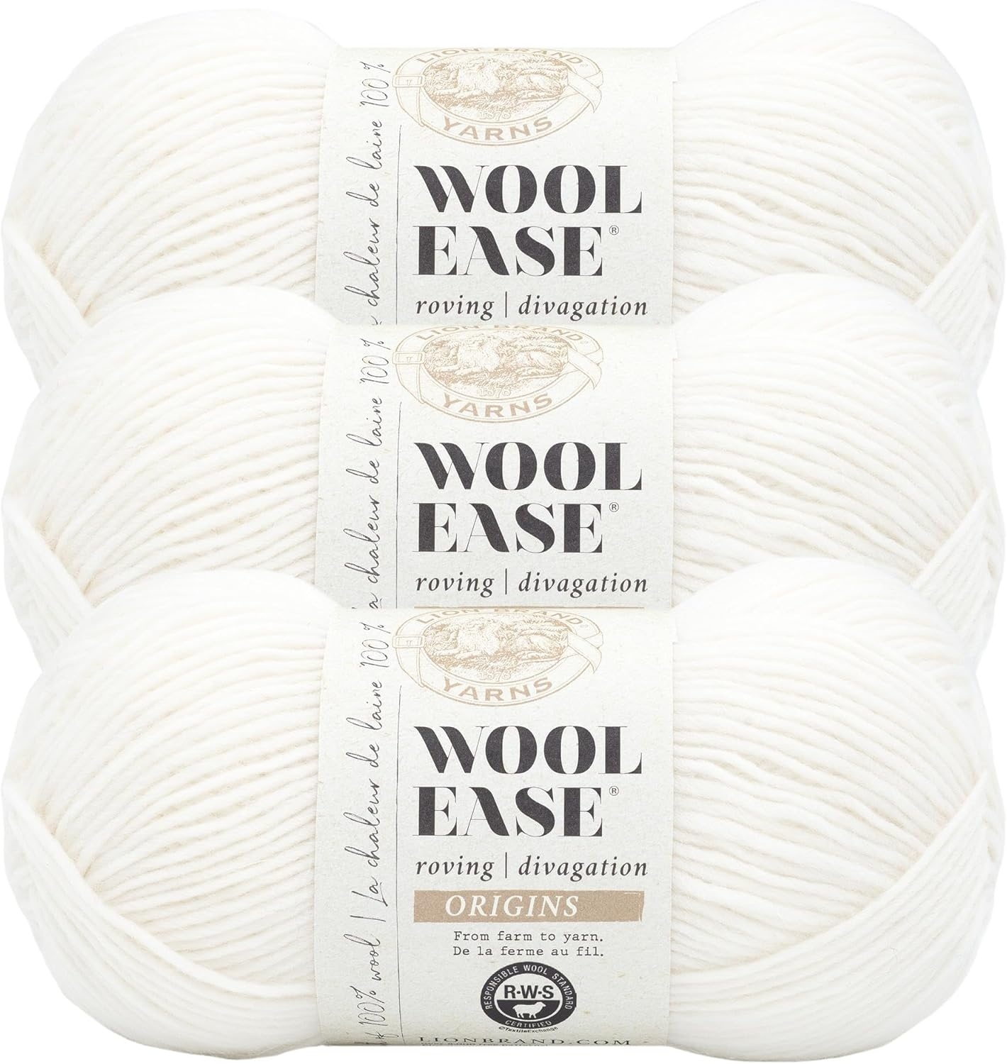 image:imageLion Brand Yarn WoolEase Roving Origins 100 Wool Yarn for Knitting and Crochet Cream 3 PackCream