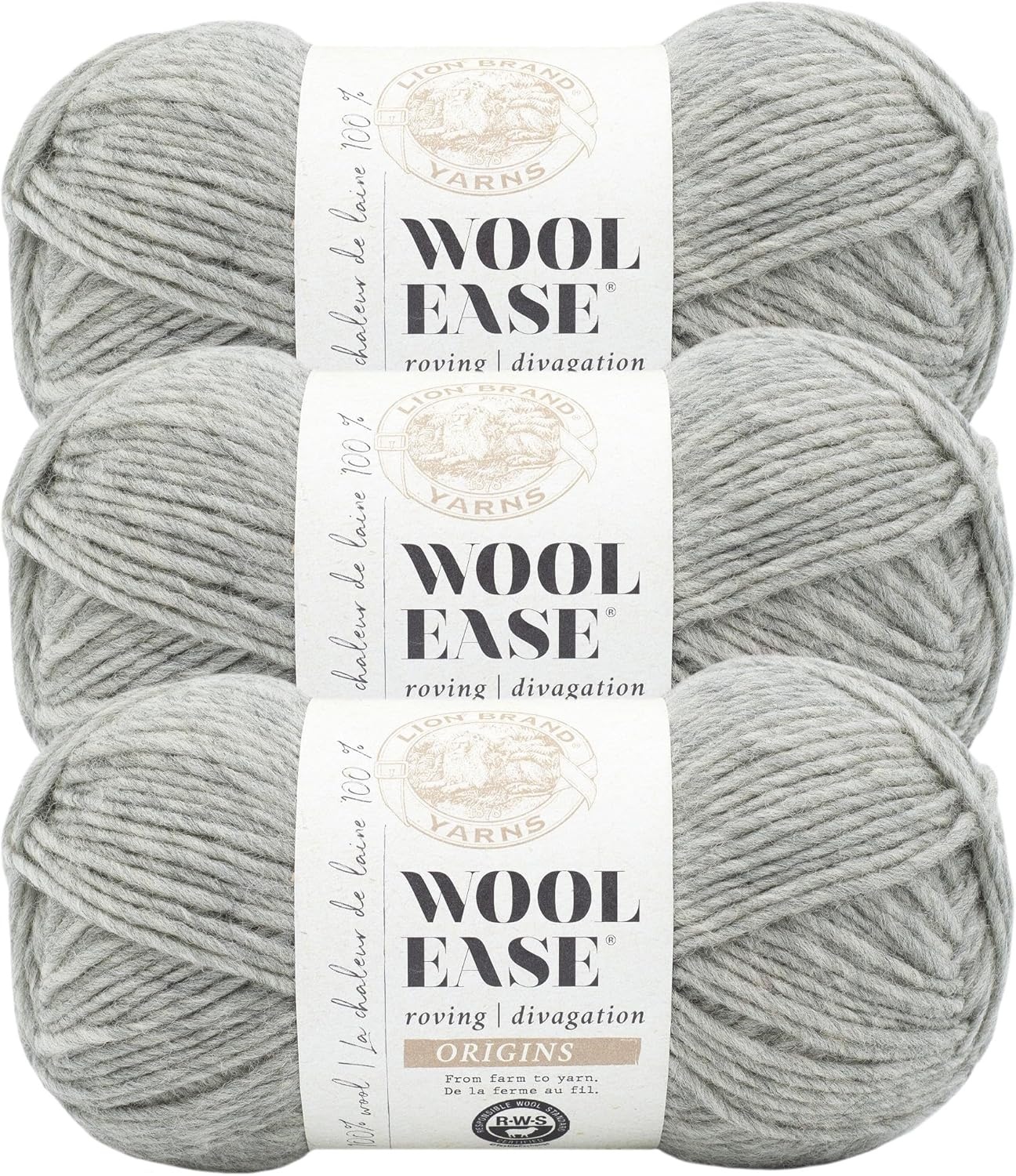 image:imageLion Brand Yarn WoolEase Roving Origins 100 Wool Yarn for Knitting and Crochet Cream 3 PackHeather Grey