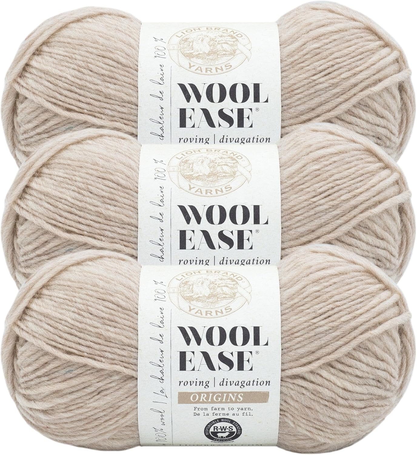image:imageLion Brand Yarn WoolEase Roving Origins 100 Wool Yarn for Knitting and Crochet Cream 3 PackLatte