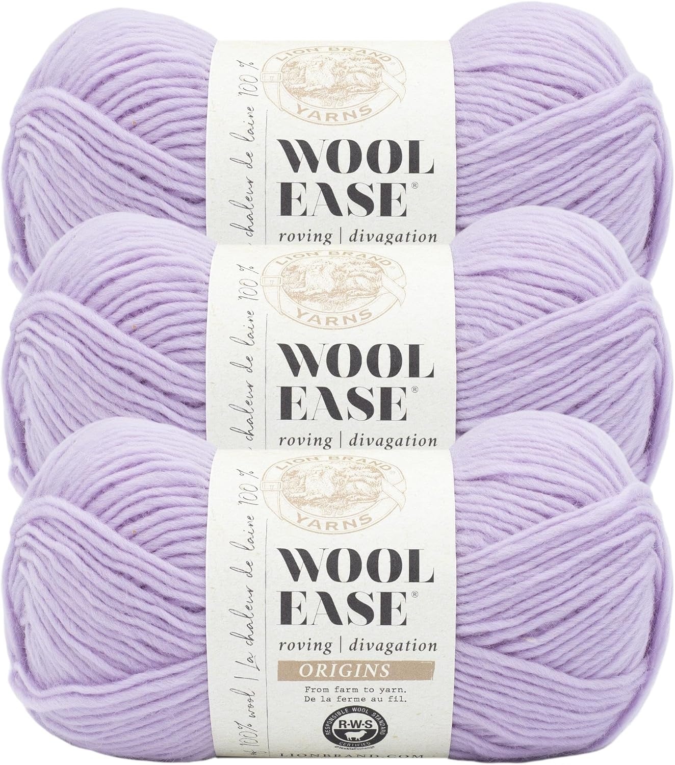 image:imageLion Brand Yarn WoolEase Roving Origins 100 Wool Yarn for Knitting and Crochet Cream 3 PackLilac