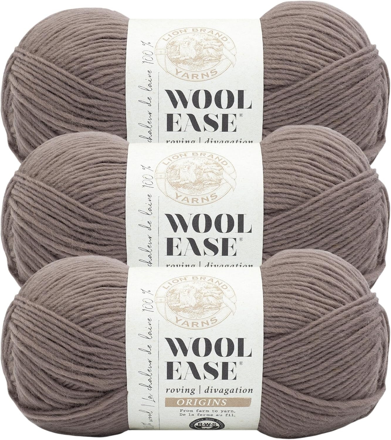 image:imageLion Brand Yarn WoolEase Roving Origins 100 Wool Yarn for Knitting and Crochet Cream 3 PackMushroom