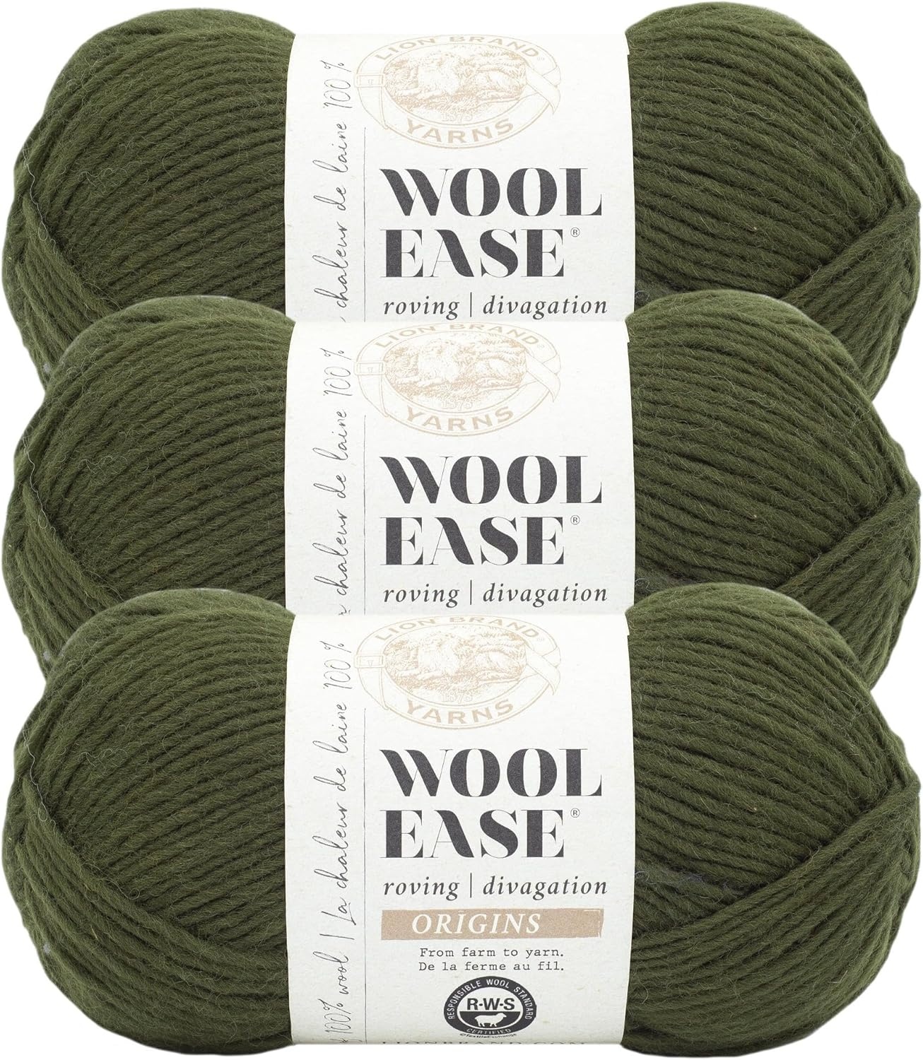 image:imageLion Brand Yarn WoolEase Roving Origins 100 Wool Yarn for Knitting and Crochet Cream 3 PackOlive