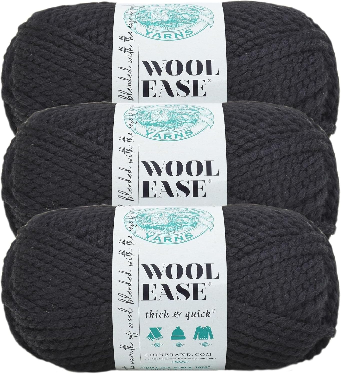 image:imageLion Brand Yarn WoolEase Thick amp Quick Yarn Celebration White 3 Pack Super Bulky Wool Acrylic Blend Fiber for Soft Hats Sweaters Chunky Blankets Yarn for Crochet Knitting Crafts WeavingBlack