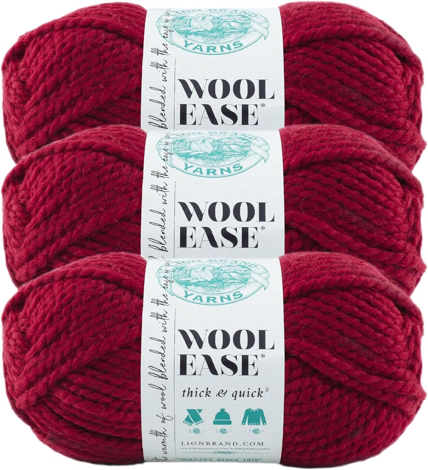 image:imageLion Brand Yarn WoolEase Thick amp Quick Yarn Celebration White 3 Pack Super Bulky Wool Acrylic Blend Fiber for Soft Hats Sweaters Chunky Blankets Yarn for Crochet Knitting Crafts WeavingCranberry