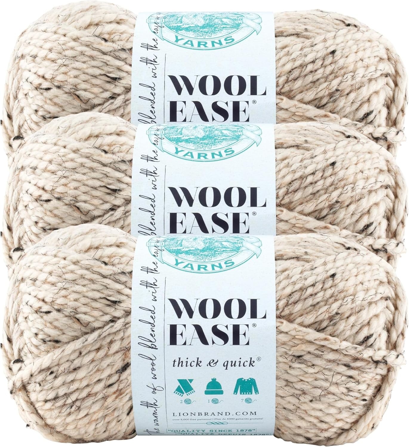 image:imageLion Brand Yarn WoolEase Thick amp Quick Yarn Celebration White 3 Pack Super Bulky Wool Acrylic Blend Fiber for Soft Hats Sweaters Chunky Blankets Yarn for Crochet Knitting Crafts WeavingOatmeal