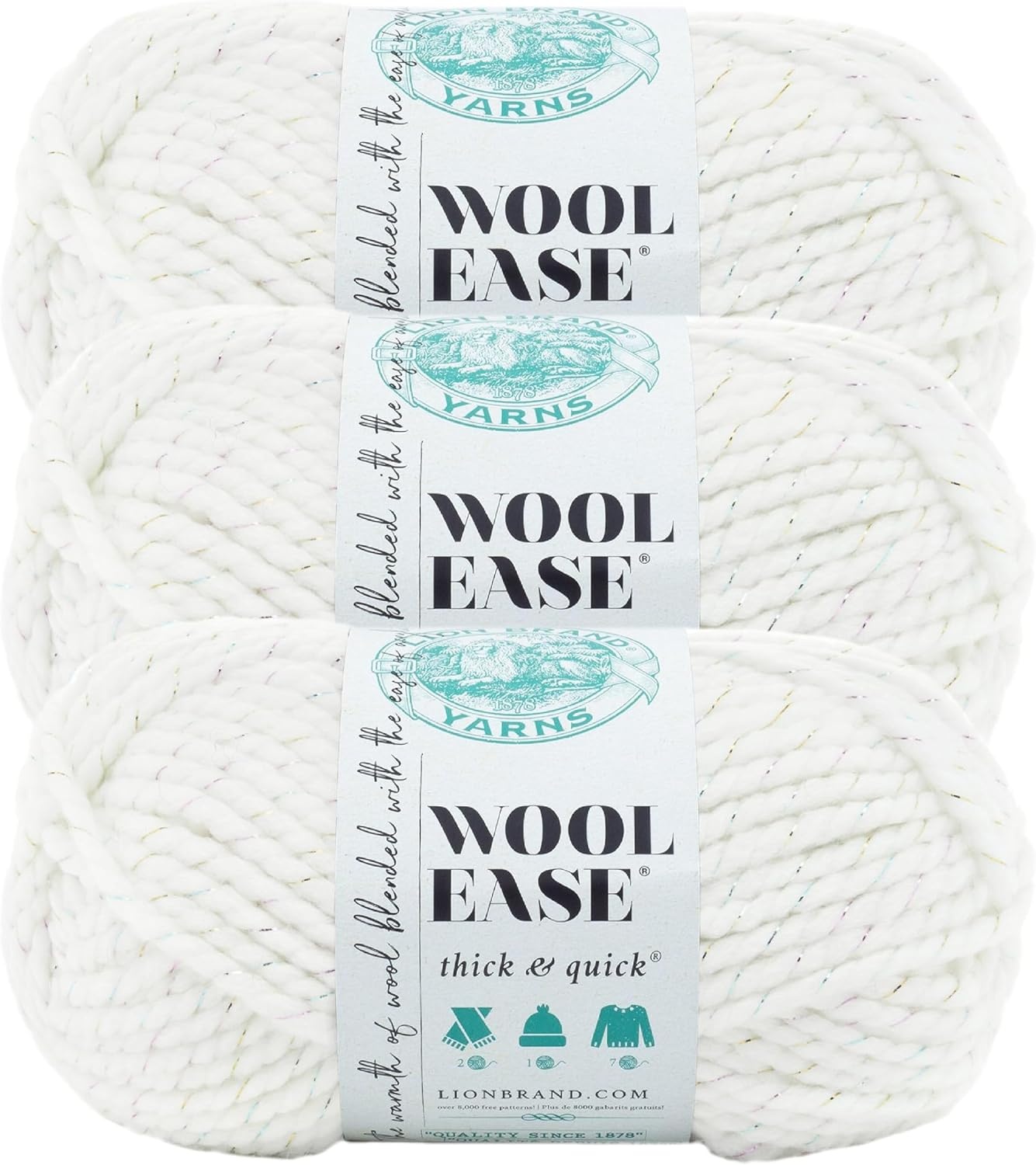 image:imageLion Brand Yarn WoolEase Thick amp Quick Yarn Celebration White 3 Pack Super Bulky Wool Acrylic Blend Fiber for Soft Hats Sweaters Chunky Blankets Yarn for Crochet Knitting Crafts WeavingCelebration