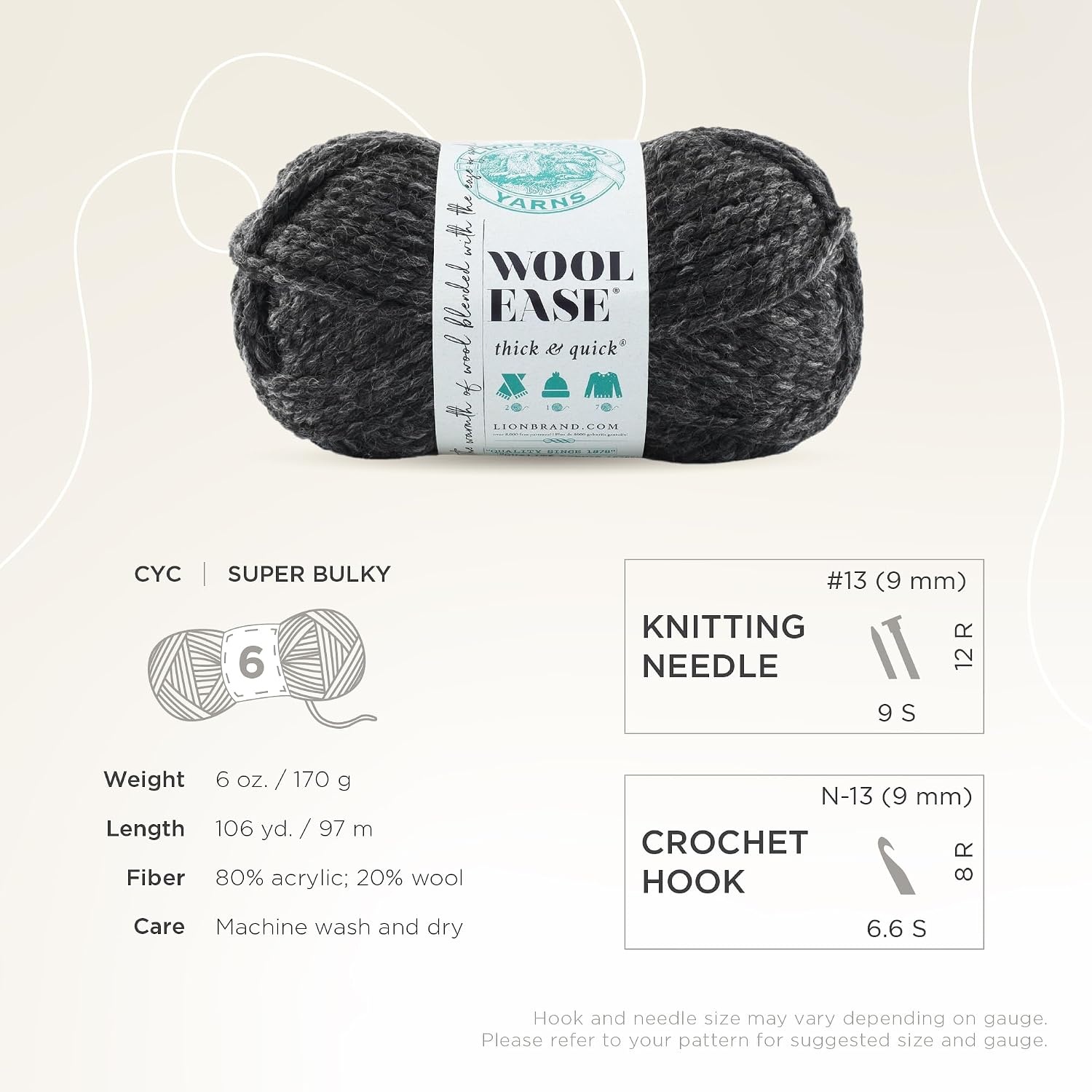 image:imageLion Brand Yarn WoolEase Thick amp Quick Yarn Celebration White 3 Pack Super Bulky Wool Acrylic Blend Fiber for Soft Hats Sweaters Chunky Blankets Yarn for Crochet Knitting Crafts WeavingCharcoal