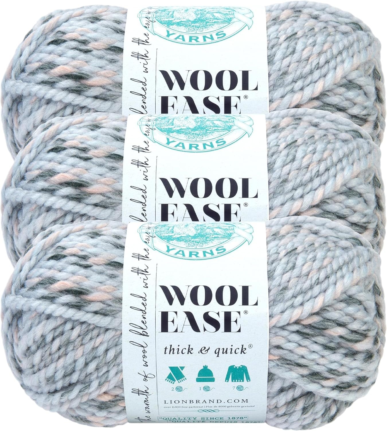 image:imageLion Brand Yarn WoolEase Thick amp Quick Yarn Celebration White 3 Pack Super Bulky Wool Acrylic Blend Fiber for Soft Hats Sweaters Chunky Blankets Yarn for Crochet Knitting Crafts WeavingArctic Ice