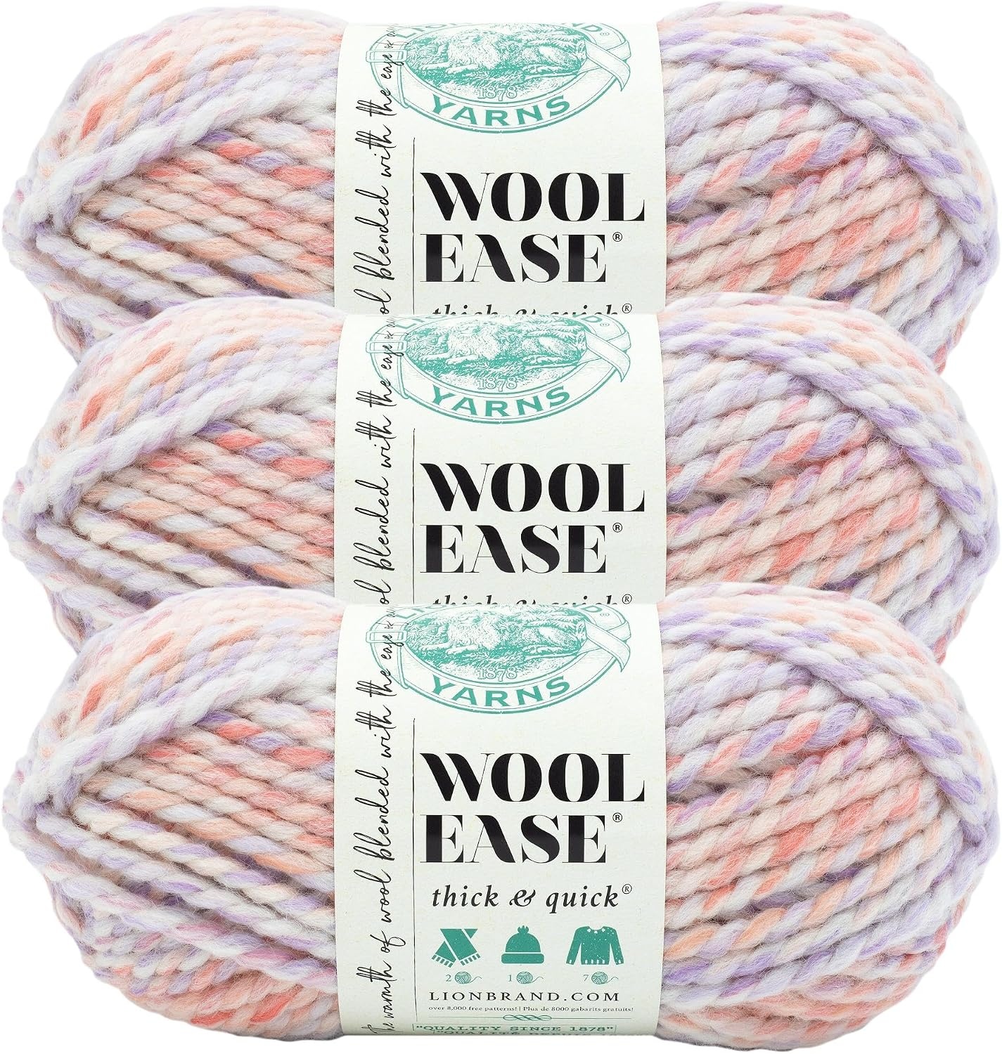 image:imageLion Brand Yarn WoolEase Thick amp Quick Yarn Celebration White 3 Pack Super Bulky Wool Acrylic Blend Fiber for Soft Hats Sweaters Chunky Blankets Yarn for Crochet Knitting Crafts WeavingBubblegum