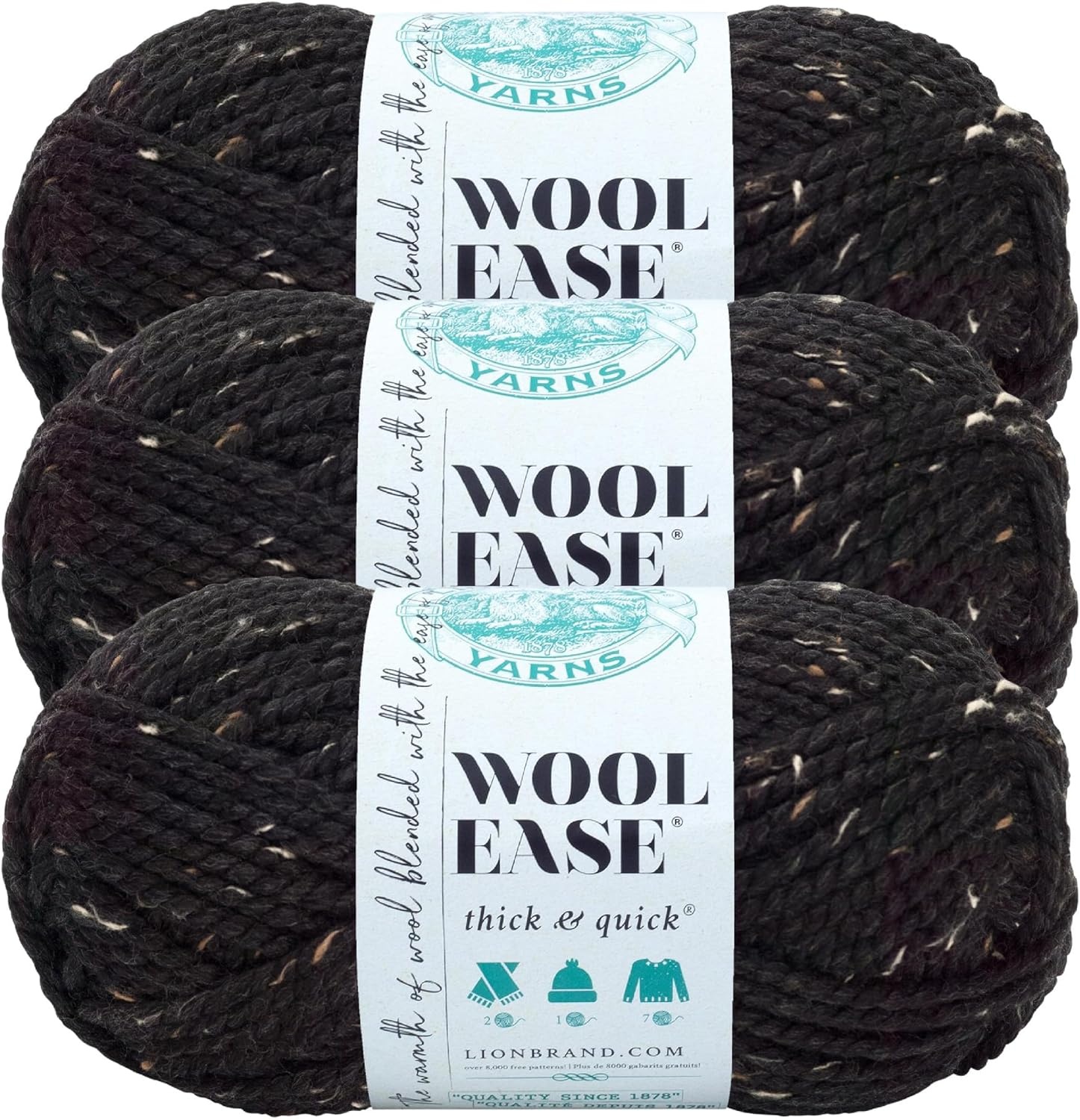 image:imageLion Brand Yarn WoolEase Thick amp Quick Yarn Celebration White 3 Pack Super Bulky Wool Acrylic Blend Fiber for Soft Hats Sweaters Chunky Blankets Yarn for Crochet Knitting Crafts WeavingObsidian