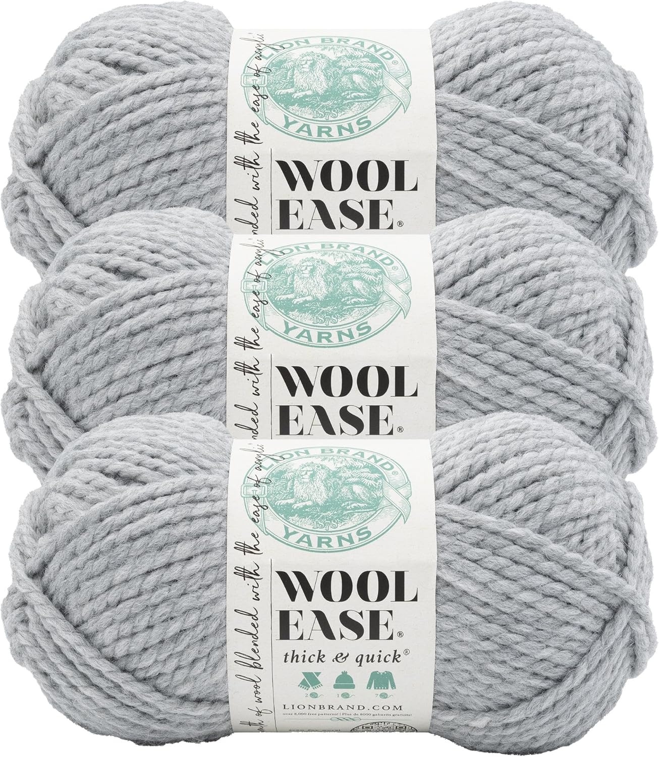 image:imageLion Brand Yarn WoolEase Thick amp Quick Yarn Celebration White 3 Pack Super Bulky Wool Acrylic Blend Fiber for Soft Hats Sweaters Chunky Blankets Yarn for Crochet Knitting Crafts WeavingSweatshirt Grey
