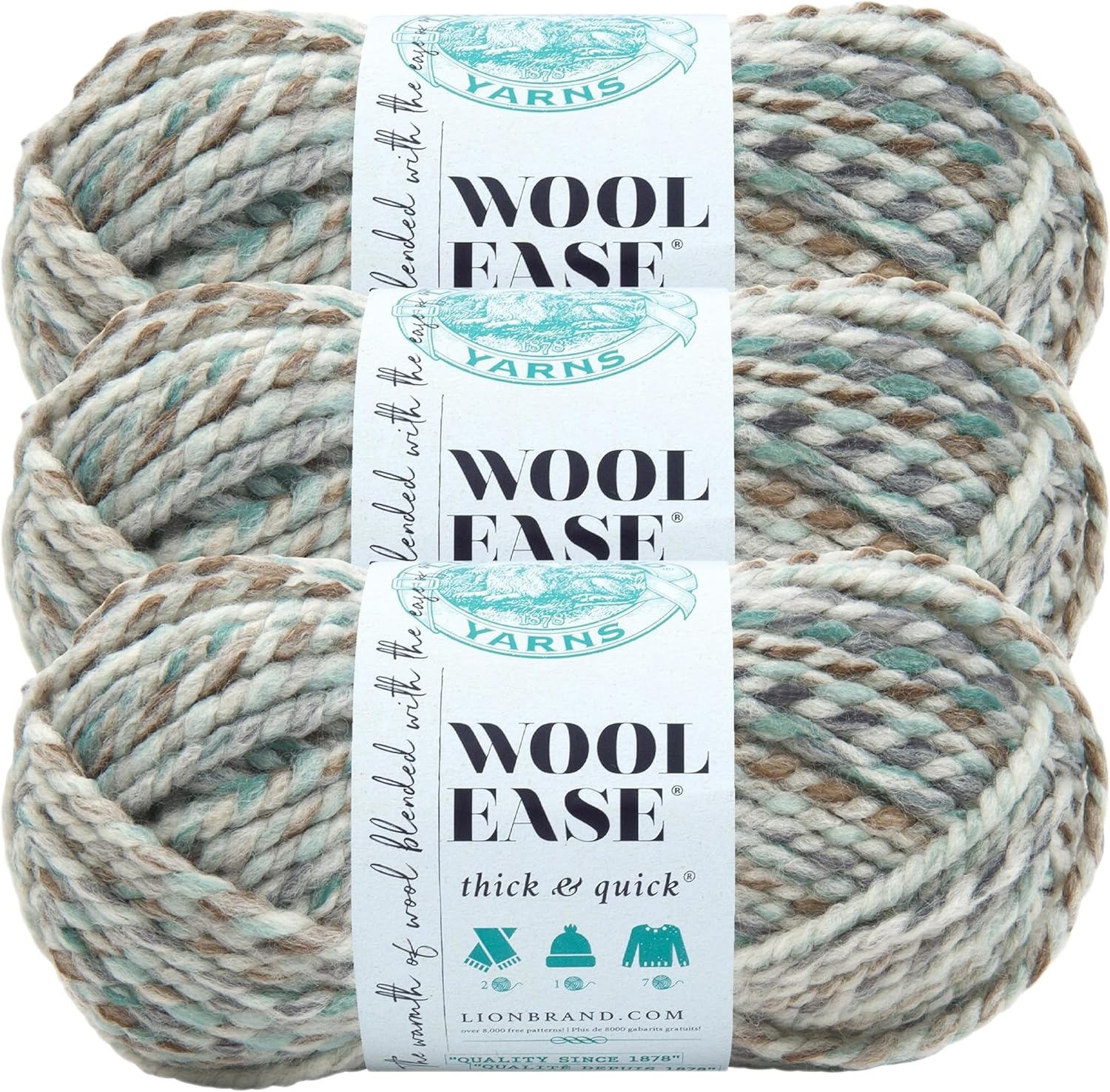 image:imageLion Brand Yarn WoolEase Thick amp Quick Yarn Celebration White 3 Pack Super Bulky Wool Acrylic Blend Fiber for Soft Hats Sweaters Chunky Blankets Yarn for Crochet Knitting Crafts WeavingSeaglass