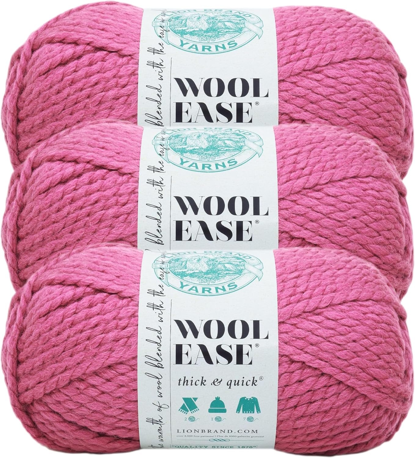 image:imageLion Brand Yarn WoolEase Thick amp Quick Yarn Celebration White 3 Pack Super Bulky Wool Acrylic Blend Fiber for Soft Hats Sweaters Chunky Blankets Yarn for Crochet Knitting Crafts WeavingRaspberry