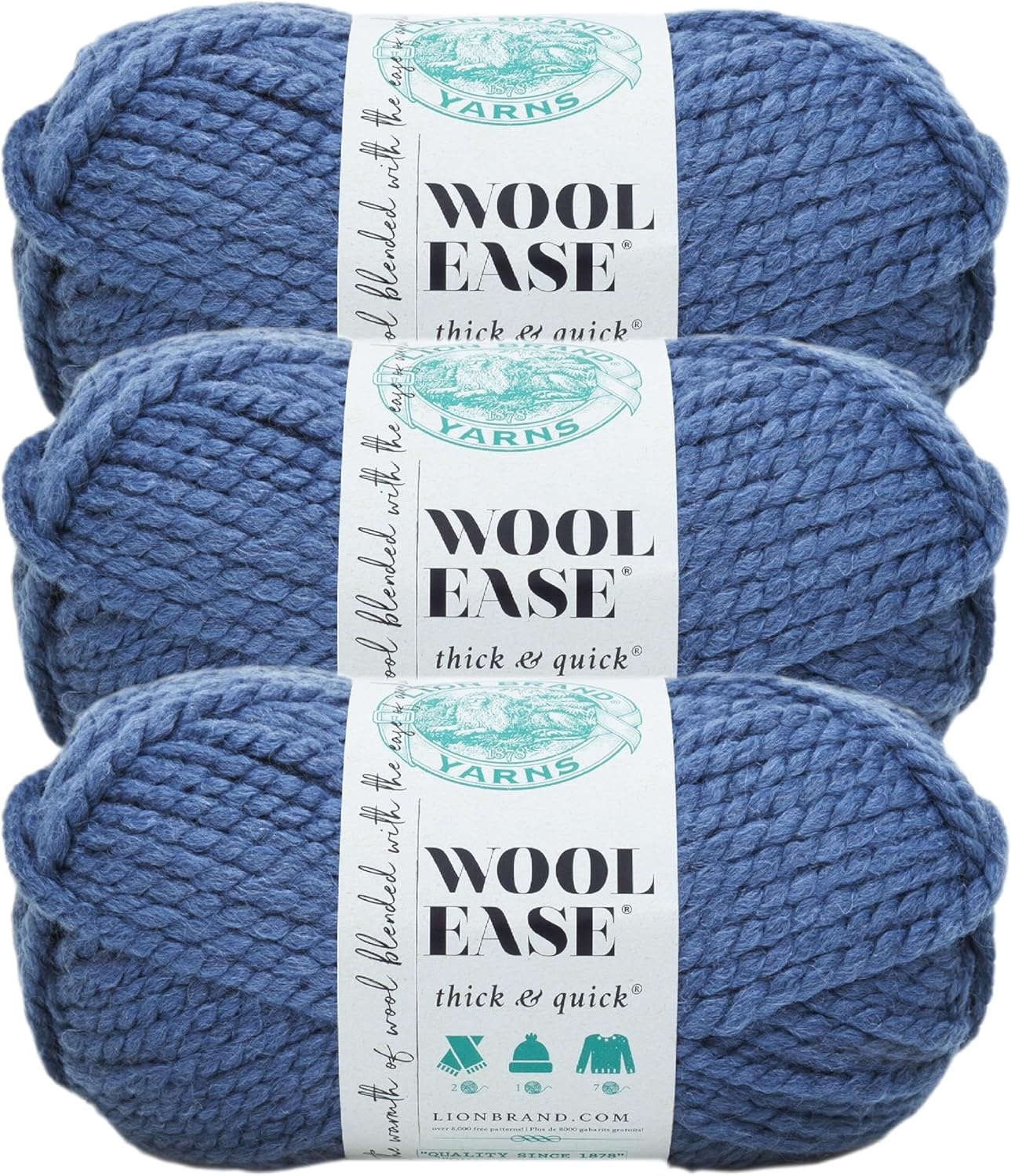 image:imageLion Brand Yarn WoolEase Thick amp Quick Yarn Celebration White 3 Pack Super Bulky Wool Acrylic Blend Fiber for Soft Hats Sweaters Chunky Blankets Yarn for Crochet Knitting Crafts WeavingDenim