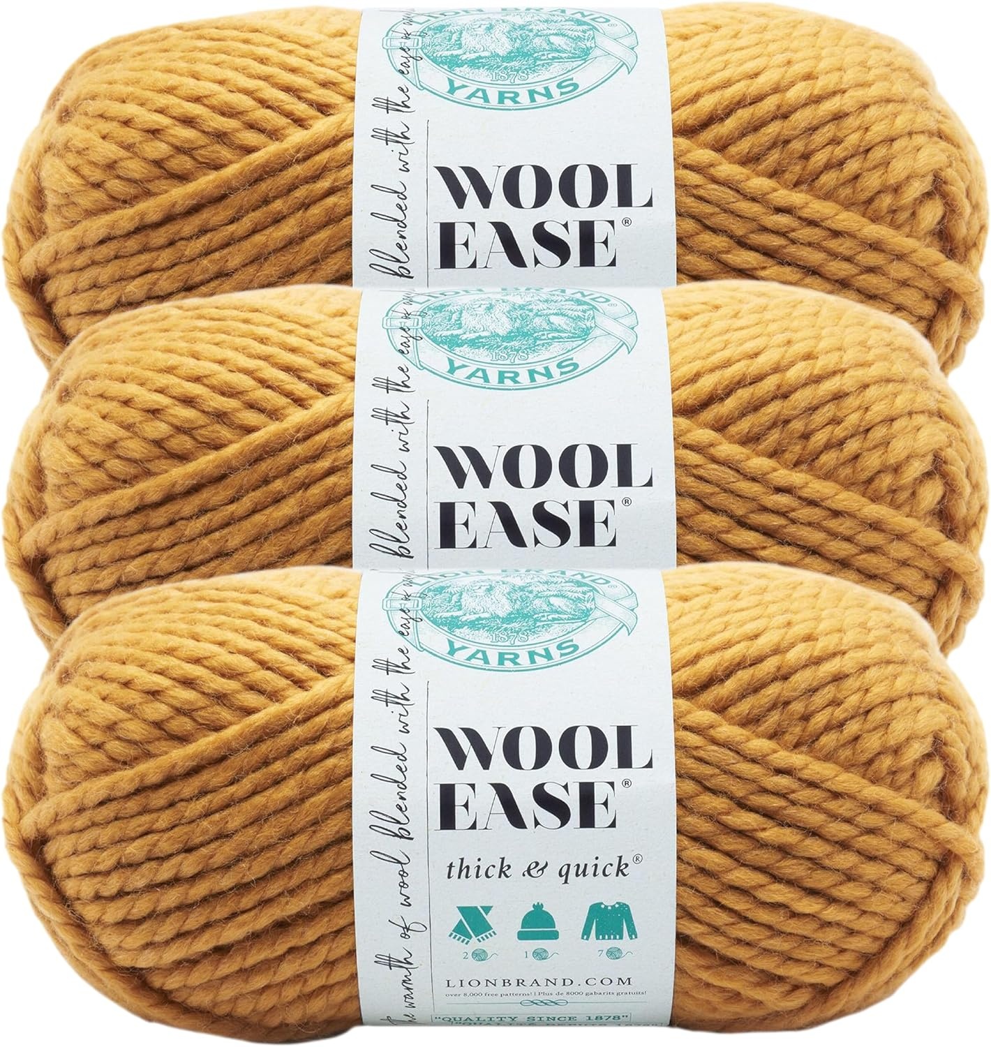image:imageLion Brand Yarn WoolEase Thick amp Quick Yarn Celebration White 3 Pack Super Bulky Wool Acrylic Blend Fiber for Soft Hats Sweaters Chunky Blankets Yarn for Crochet Knitting Crafts WeavingMustard