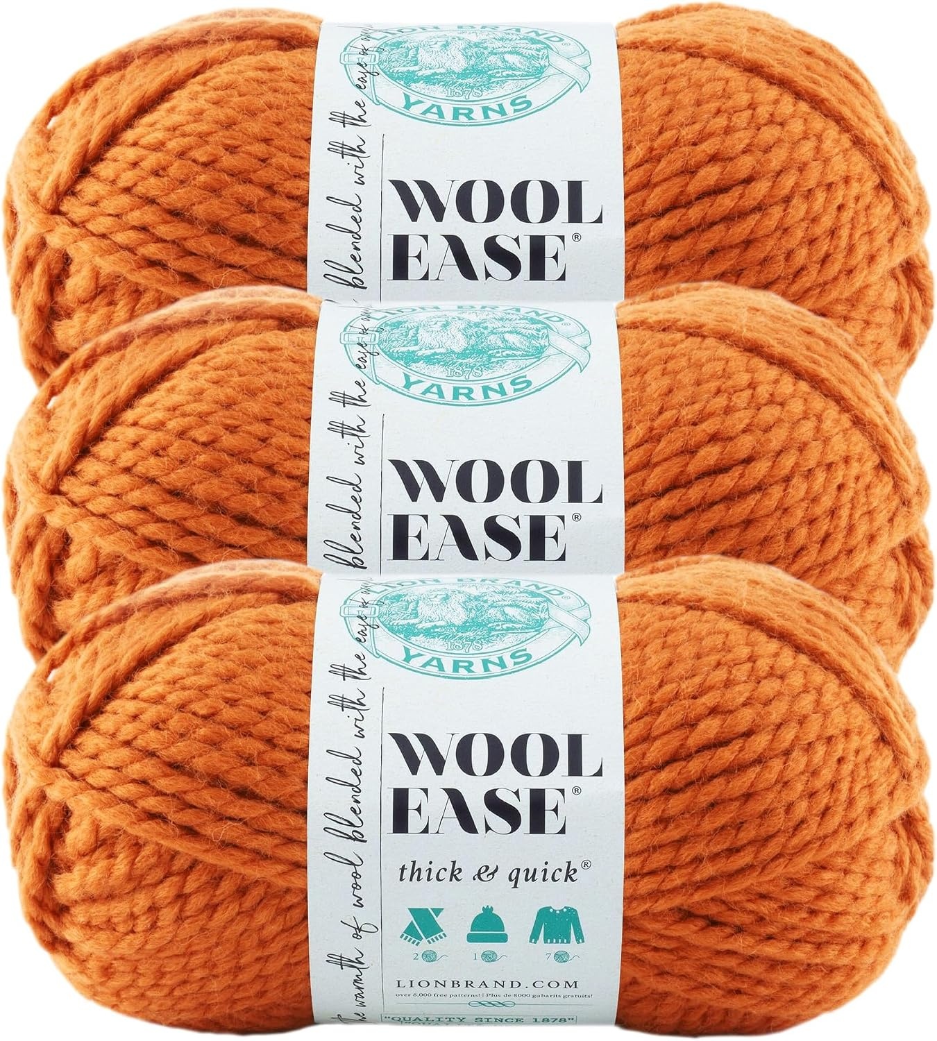 image:imageLion Brand Yarn WoolEase Thick amp Quick Yarn Celebration White 3 Pack Super Bulky Wool Acrylic Blend Fiber for Soft Hats Sweaters Chunky Blankets Yarn for Crochet Knitting Crafts WeavingPumpkin